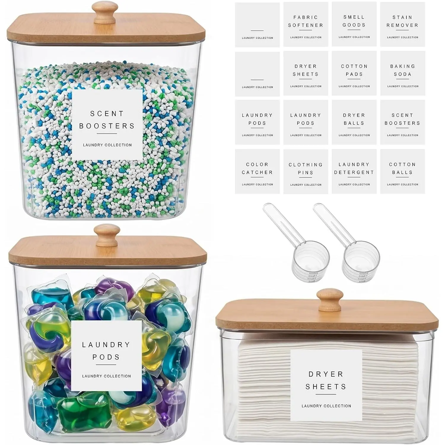 3-Pack Wood Plastic Organiser Set - Laundry Pod Containers, Dryer Sheet Holder with Lids, Label Slots for Indoor Recreation Storage