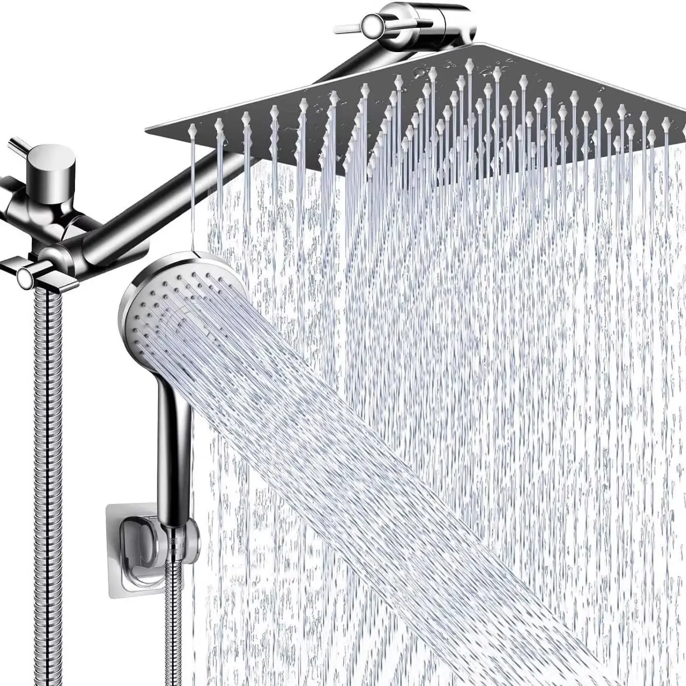 High-Pressure Rain Shower Head Combo Set, 11-Inch Extension Arm, 9 Water Modes, Leak-Proof, Adjustable Height and Angle, Chrome and Matte Finish