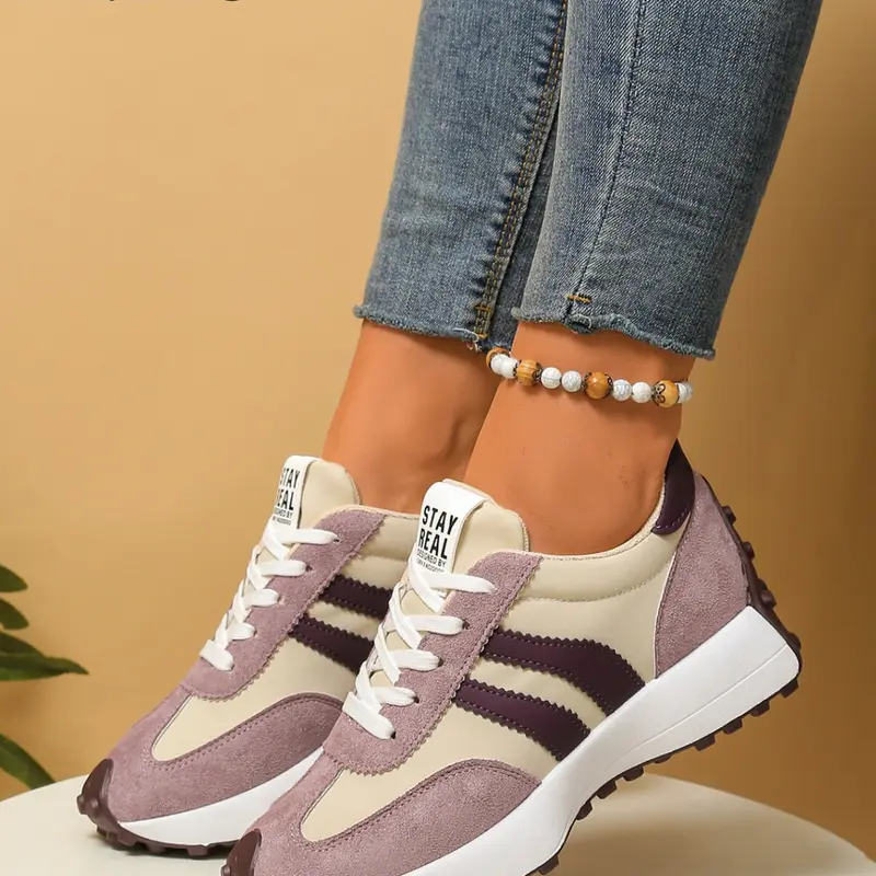 Comfortable Retro Striped Thick Sole Sneakers, Neutral Rubber Sole Walking Training Shoes, Lightweight Vintage Casual Sports Shoes, Low Top Sneakers