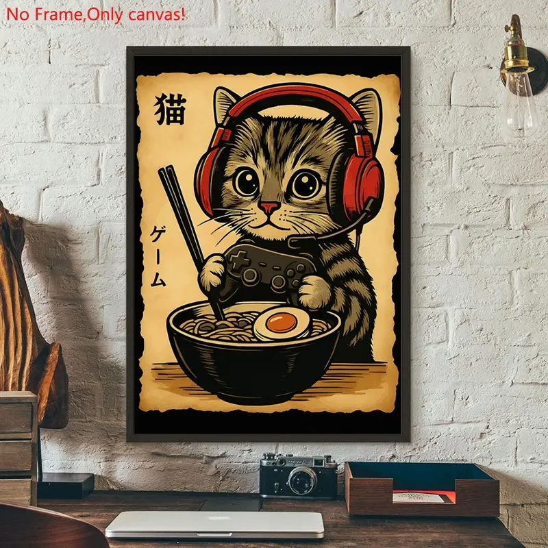 1 piece/set frameless canvas painting print poster, energetic and playful art，Gamer Cat with Ramen，a perfect gift for Video games loves, ideal gift for bedroom, living room, dorm hallway, kitchen, mural, wall decoration, room decor