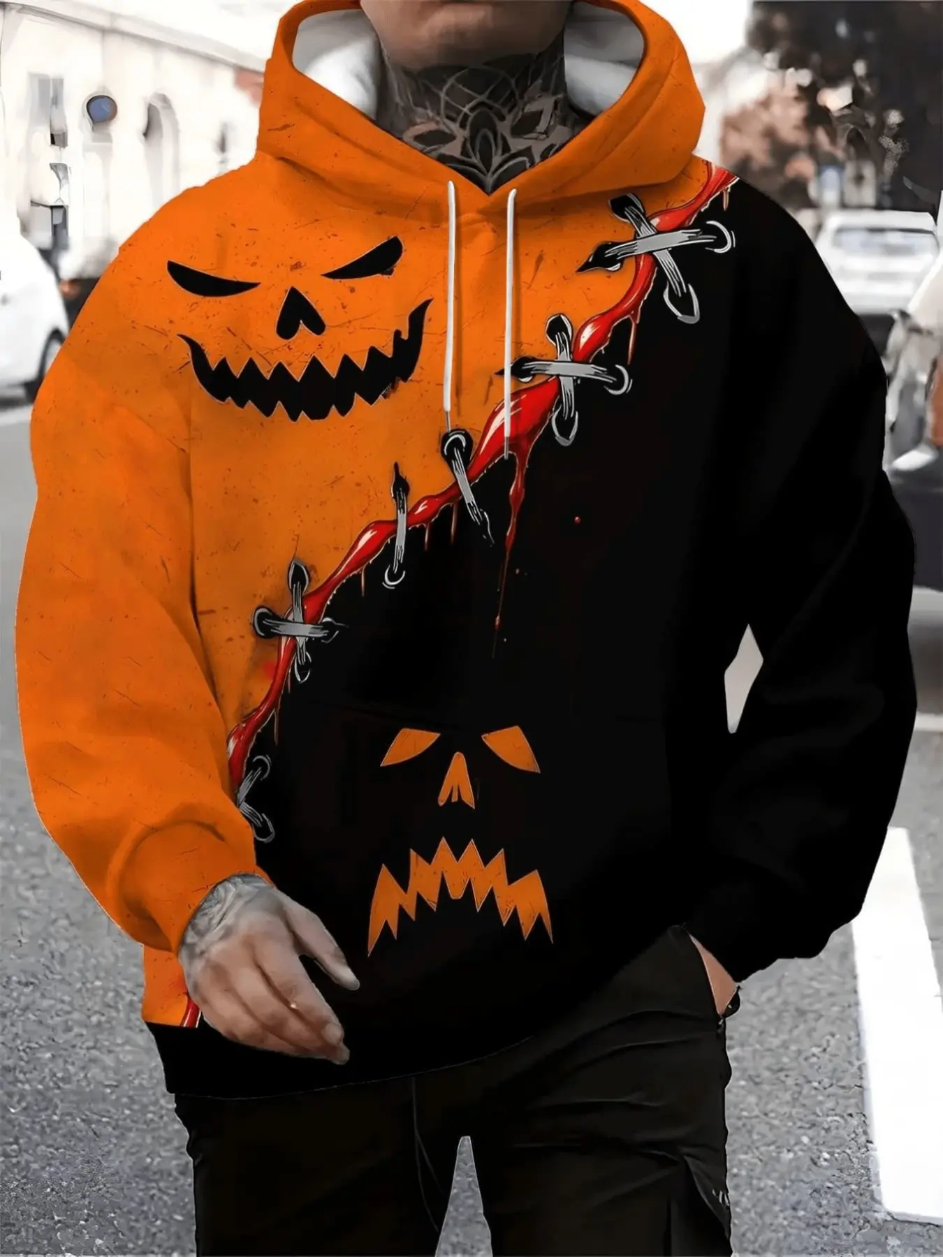 Unisex Color-block Pumpkin Grimace Spliced Print Hoodie, Streetwear Top, Halloween Outfit for Daily and Party Wear
