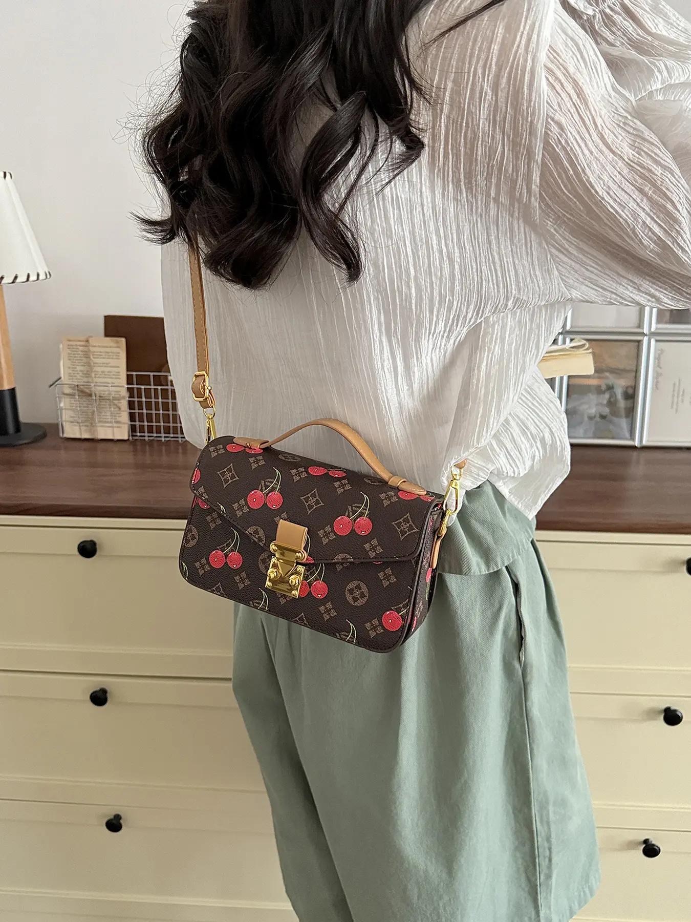 Fashionable Cherry Print Handbag for Women 2026 New Model High-End Niche Single Shoulder Crossbody Bag Light Luxury Small Square Bag
