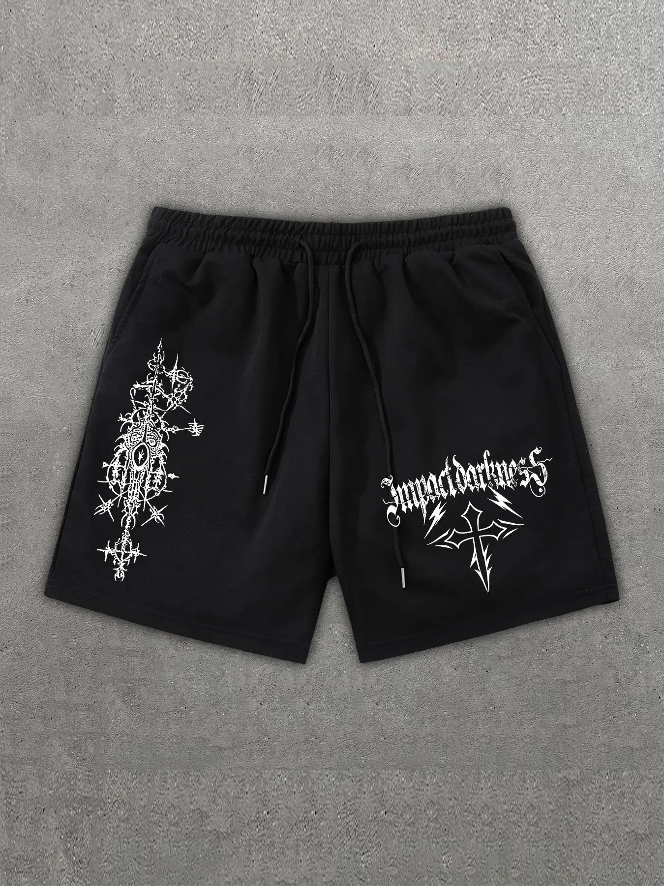 Gothic Punk Drawstring Shorts, Thorn Cross Lightning Print, Loose Fit, Casual Summer Wear, Unisex Streetwear, Sports & Fitness, Casual Graphic Shorts