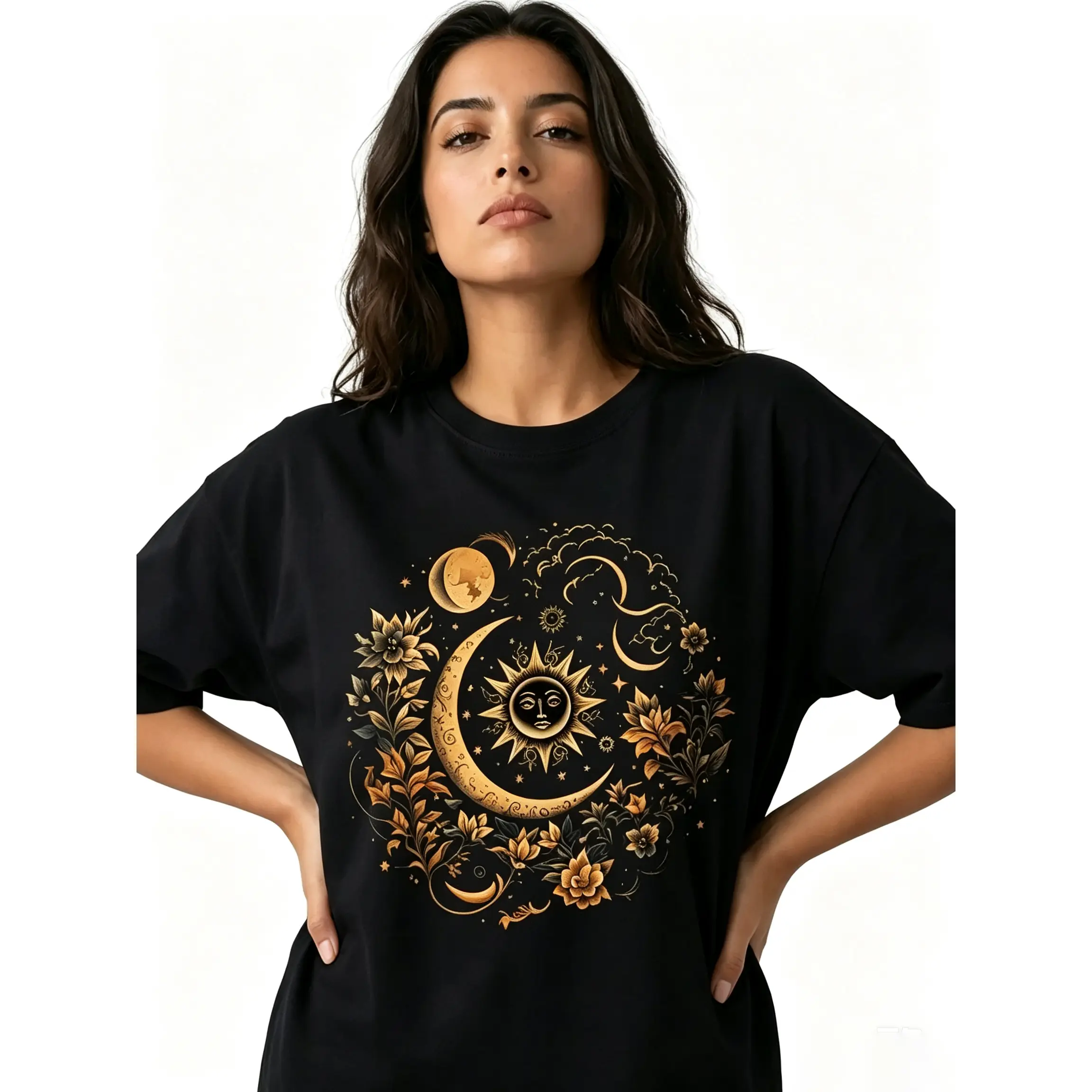 Boho Celestial Sun And Moon Shirt Women Vintage Floral Graphic Tee Mystical Top