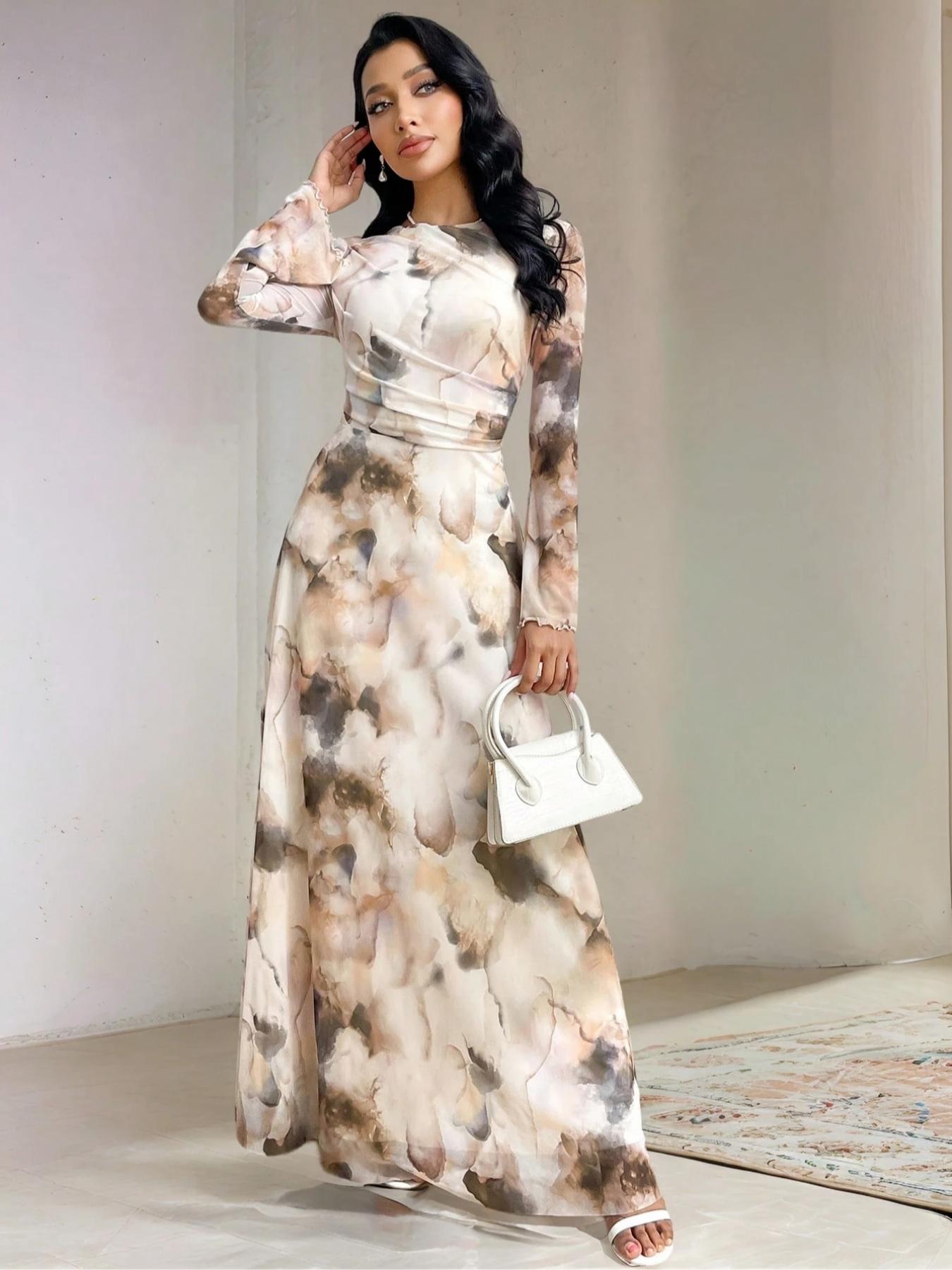 Elegant Women's Tie-Dye Print Long Sleeve Round Neck Maxi Dress, Party Wear Formal Gown, Ladies Fashionable Chic Evening Dresses
