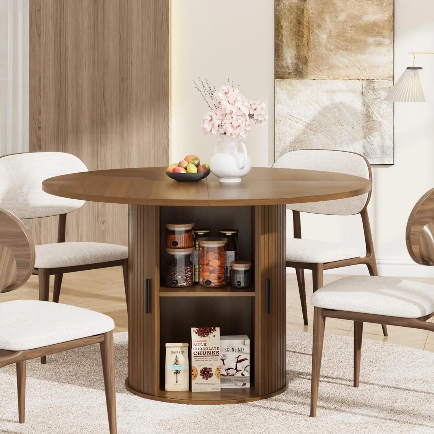 47" Space Saving Extendable Round Dining Table - Wooden Drop Leaf Folding Dinner Table with Storage Cabinet Base for Small Spaces Kitchen Apartment