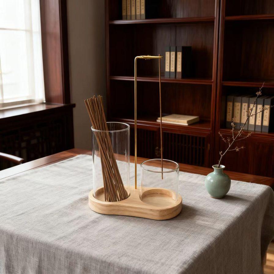 2-in-1 Incense & Candle Holder with Wooden Base and Removable Glass Ash Collector, Romantic Home Decor for Valentine’s Day, Perfect Aromatherapy Ornament for Living Room Bedroom