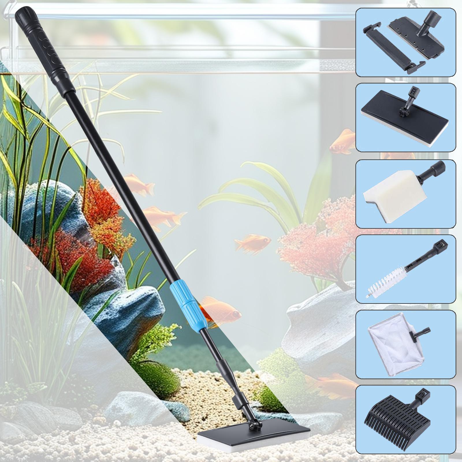 6 in 1 Adjustable Aquarium Cleaning Tool Kit Fish Tank Cleaning Kit for 20-160 Gallon Tank with Telescopic Long Handle, Algae Scraper, Scrubber Pads, Tube Cleaner, Fish net, Gravel Rake Fathersdaygift Removal