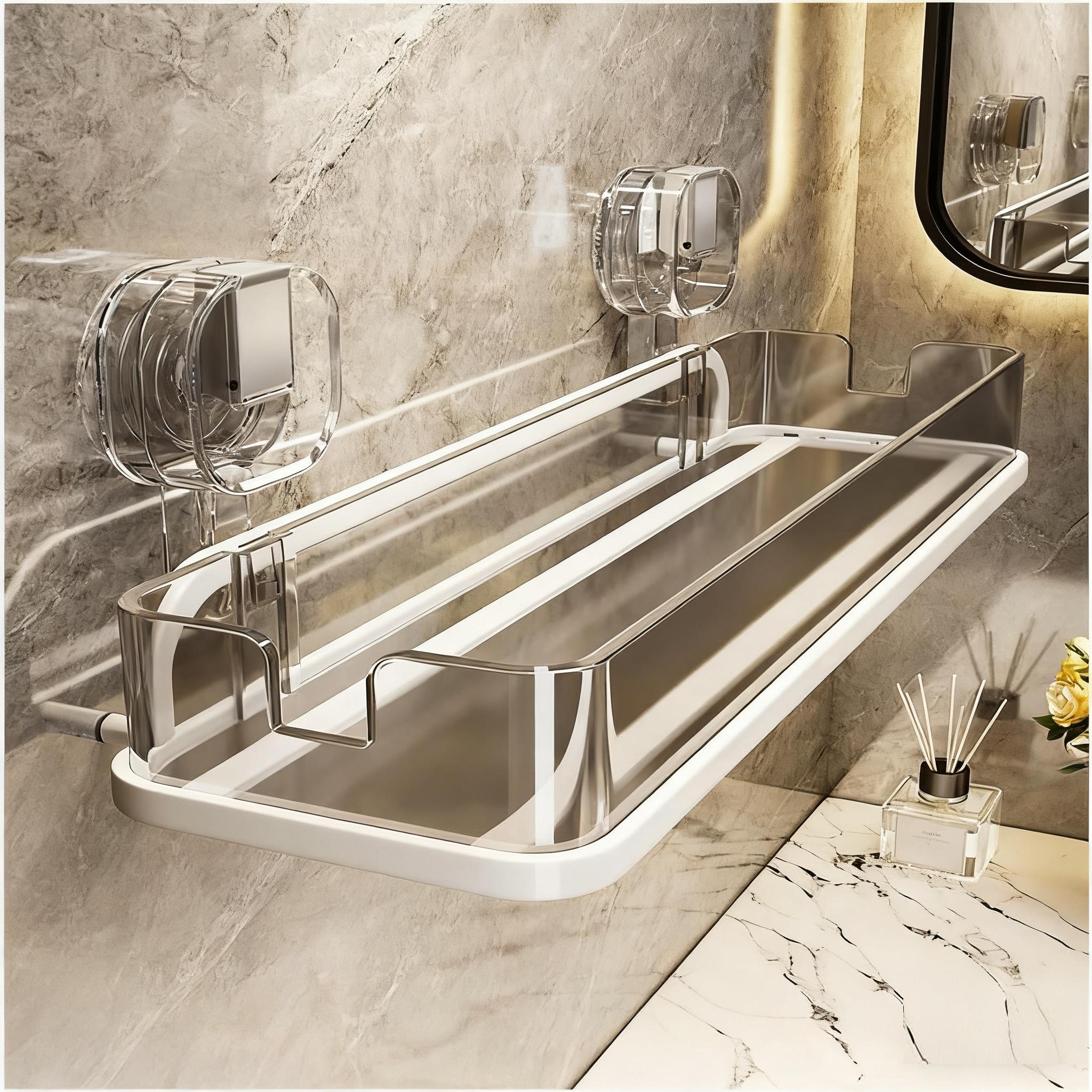 Easy Install Suction Cup Bathroom Shelf, No Drilling Required, Thick Plastic & Aluminum Alloy, Wall Mounted Shower Rack, Bathroom Organizing Accessories, Corner Storage