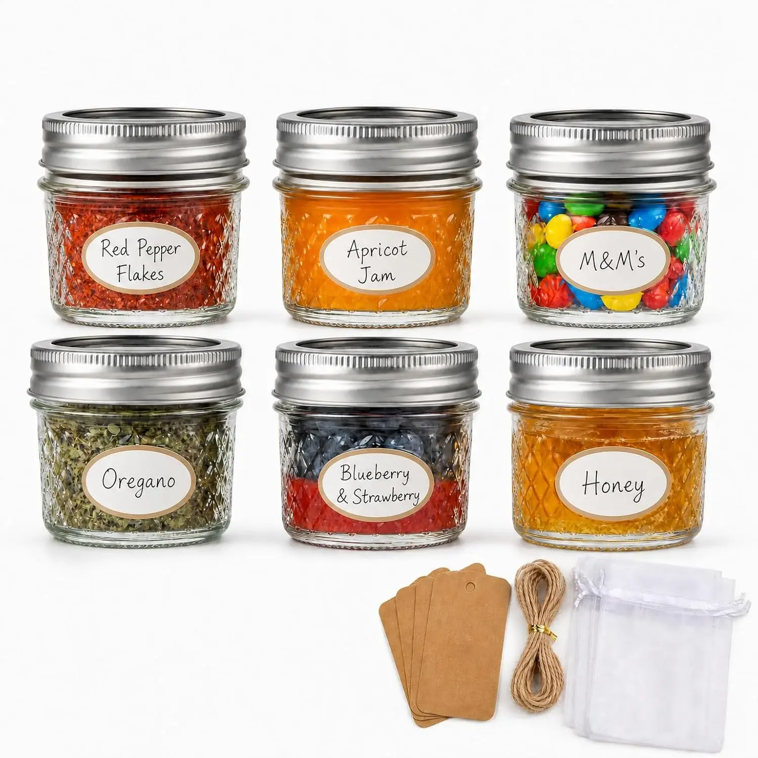 4 oz Glass Jars with , 6 Pack Small Mason Jars with  Bags & Tags, Rustproof Airtight Mini Glass Jars, Straight Sided Jelly Jars for  , , Jam, Candle Making & Favors