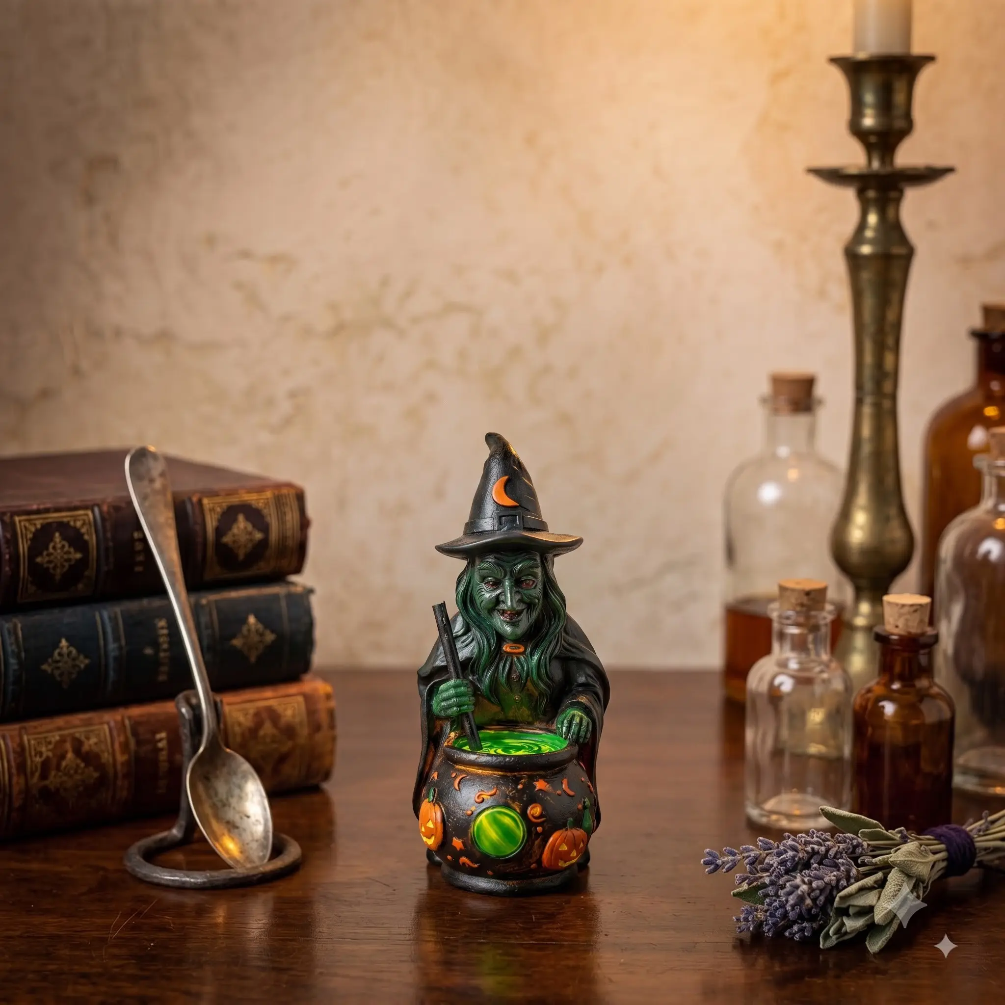 Glowing Witch Cauldron Statue for Mantelpiece Decor, Eerie Ambient Light, Gift for Horror Fans, Spooky Season Essentials