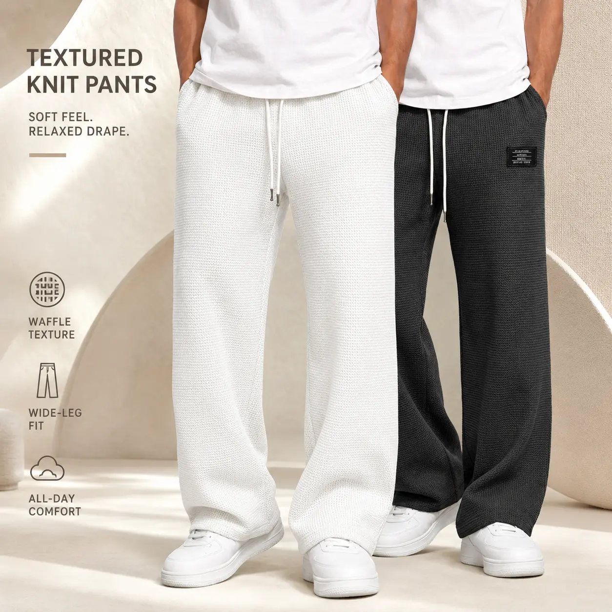 Men Waffle Knit Wide Leg Sweatpants Drawstring Elastic Waist Label Patch Loose Street Casual Trousers