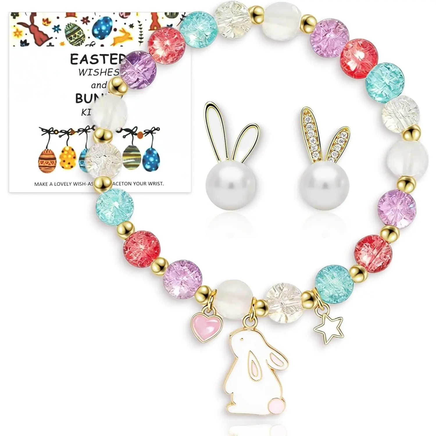 Easter  for Women Easter Bunny Stretch Bracelet with Card   Stud Earrings Cute Egg Basket Fillers Accessories Gifts