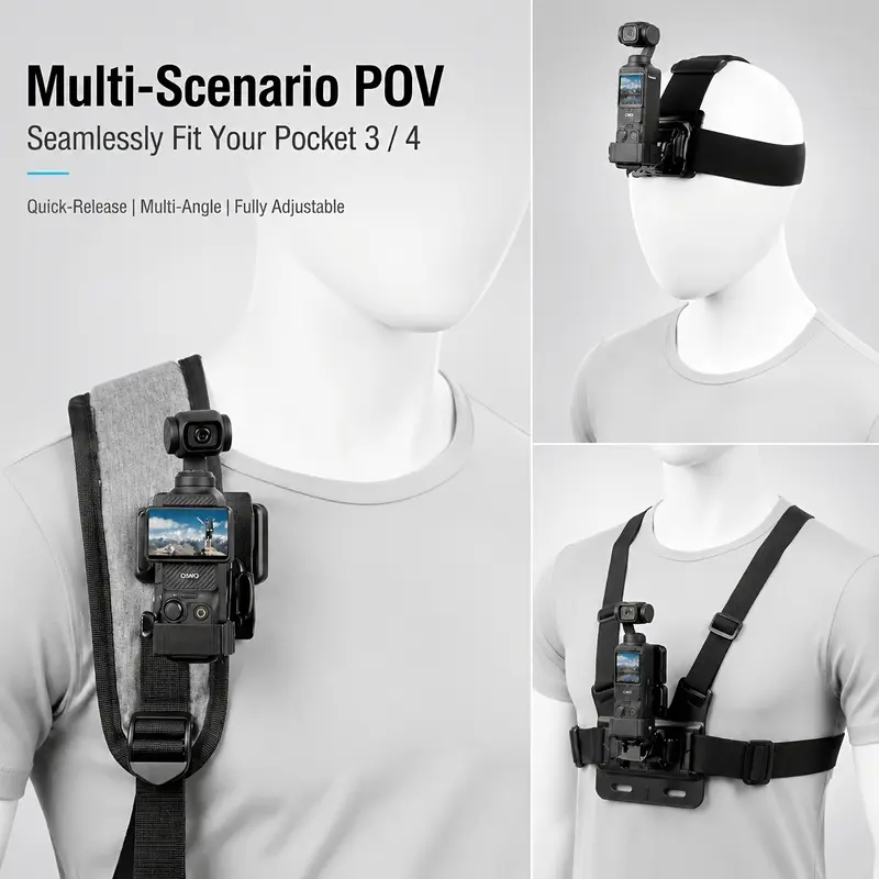 8-in-1 Compatible for DJI OSMO Pocket 3/Pocket 4 Camera Accessory Kit with Adjustable Chest & Head Strap, Quick Release Backpack Clip, Hands-Free POV System for Vlogging, Cycling, Hiking, Fishing, First-Person POV Shooting (No Electronics)