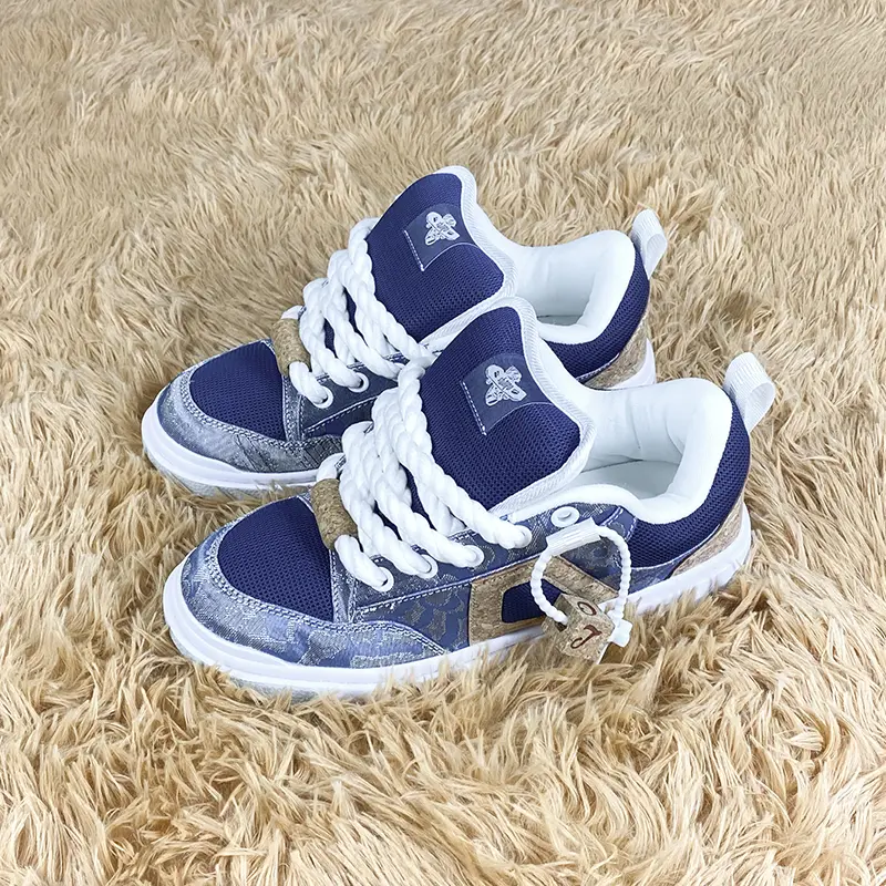 Navy Blue Leopard Denim Patchwork Platform Skate Sneakers for Men Women, Thick Twisted White Rope Laces Decorative Tag Retro Y2K Hip Hop Street Casual Board Shoes, Vintage Color Block Height Increase Walking Footwear