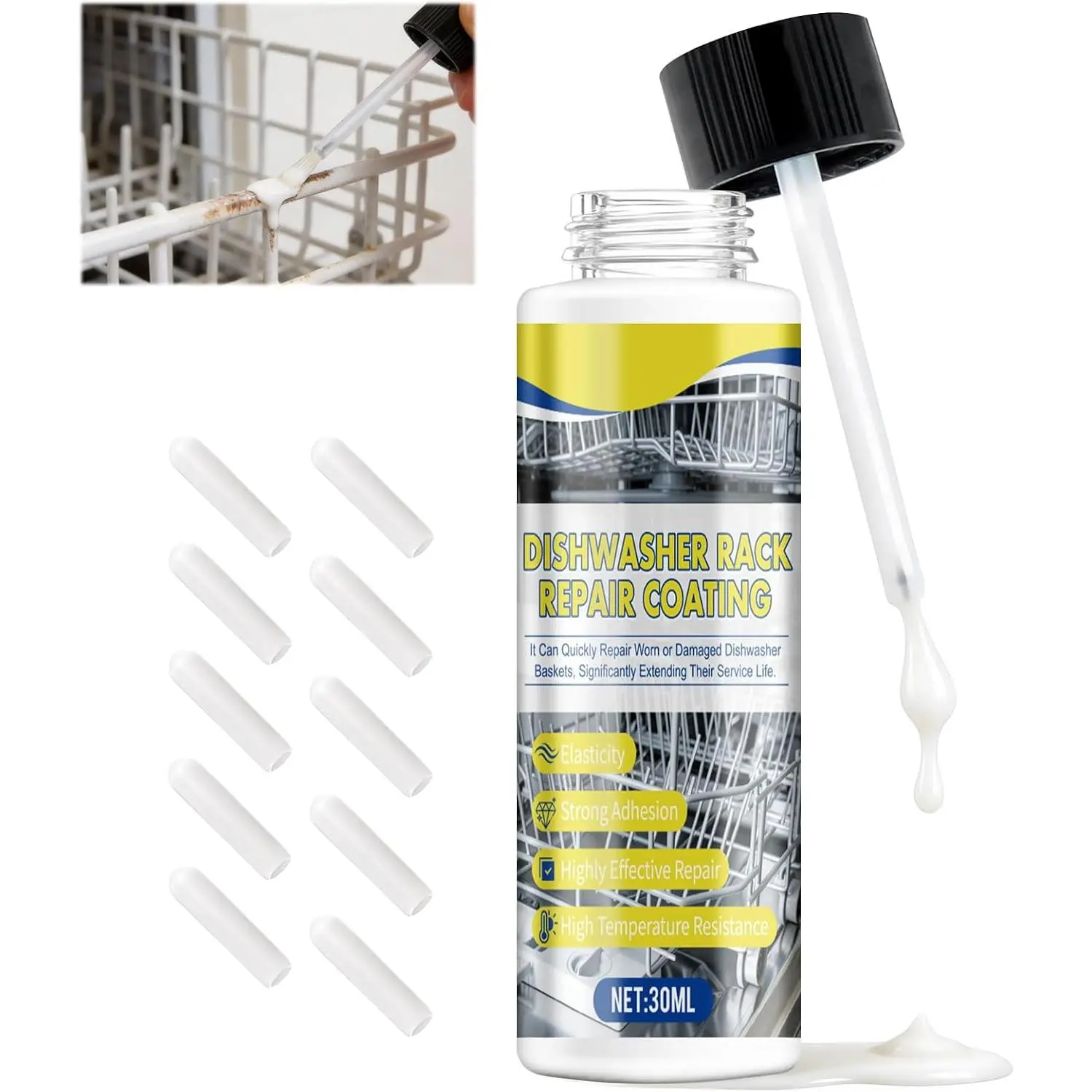 Dishwasher Rack Repair Coating, White Dishwasher Rack Repair Kit | Dishwasher Rack Repair Coating Includes Ten Rubber Sleeves and a Brush and , High and Low Temperature Resistant