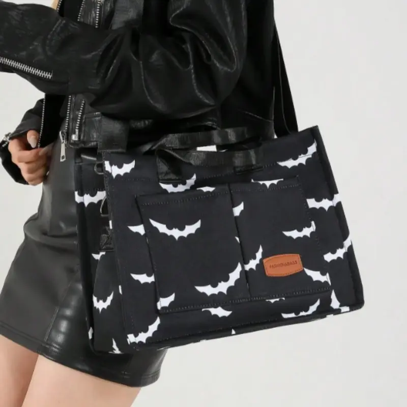 Women's Halloween Bat Pattern Canvas Crossbody Bag, Large Capacity Multi-Pocket Portable Shoulder Bag, Fashionable Crossbody Bag for Daily Use, Everyday Crossbody Shoulder Bags