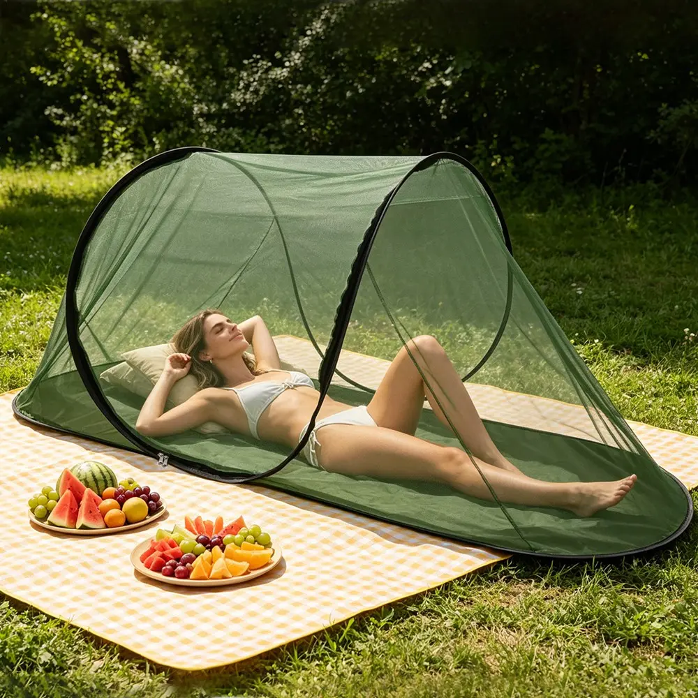 Pop Up Mosquito Proof Net Quick Set up Beach Tent No Installation Outdoor Camping Cycling Bikepacking Travel Army Green