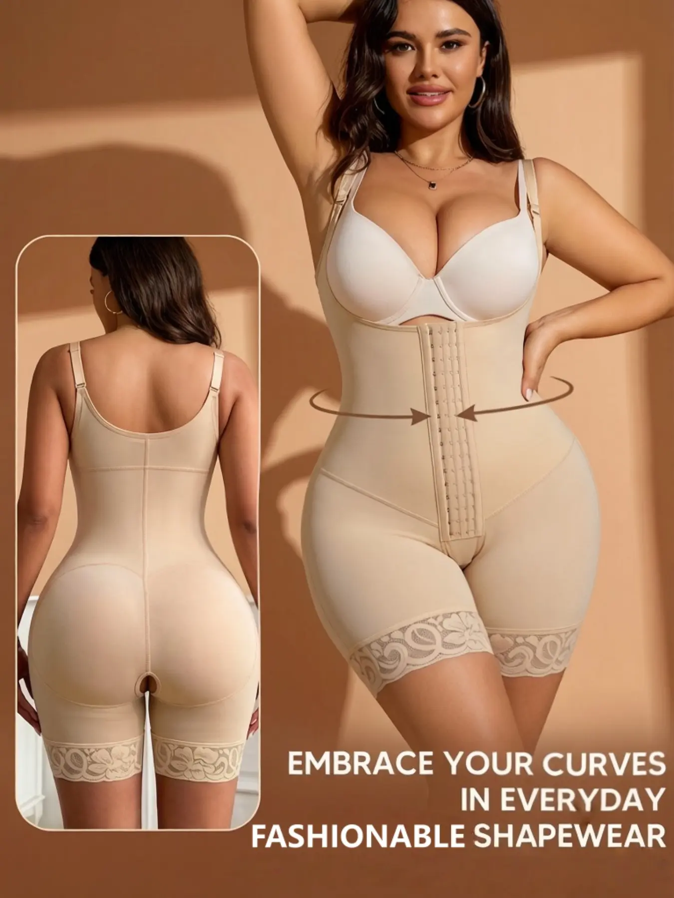 1 Count Women's Solid Color Everyday Bodysuit, Colombian Shapewear, Fajas, Butt Lifting & Tummy Control Shapewear Bodysuit, Adjustable Four Hooks Jumpsuit, All Day Comfortable Wear Shapewear, Suitable For Daily,Sport,Yoga