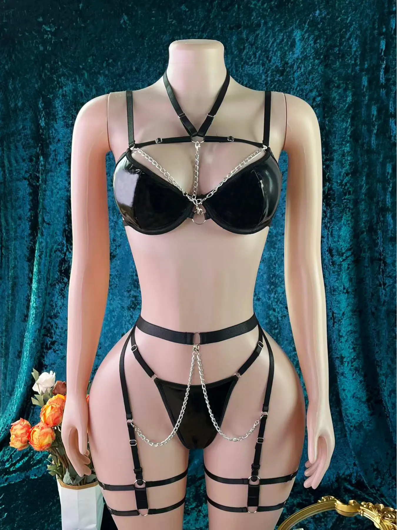 Women's PU Leather Bra Set with Underwire, Garter Belt, Thong, 3-Piece for Parties, Alternative Style, Fun Clothing Lingerie Underwear
