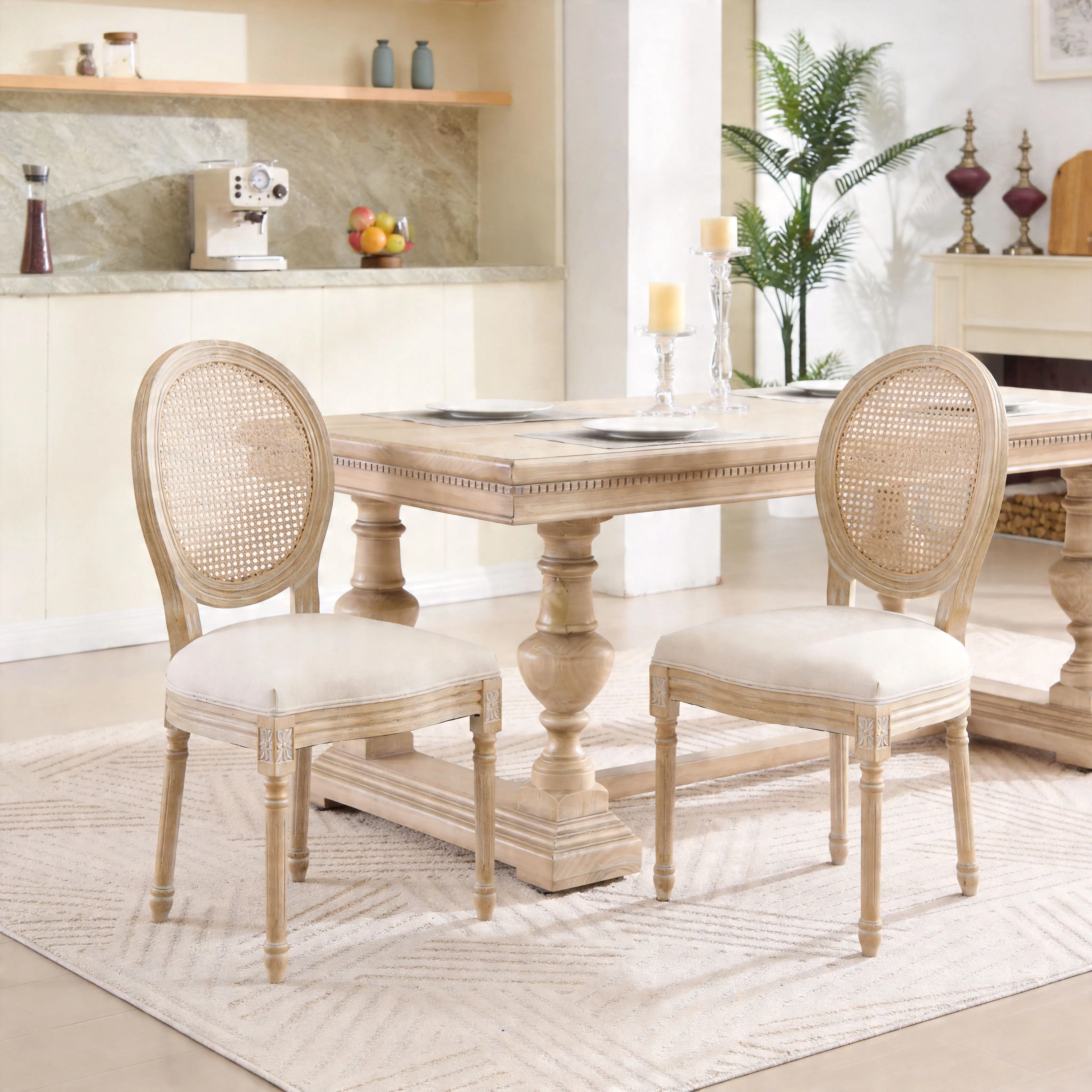 Nokaa French Country Dining Chairs Set of 2, Upholstered Seats with Solid Wood Frame, Wire Drawing & Carving Details, Multiple Back Styles & Color Options, for Kitchen, Living Room, Restaurant