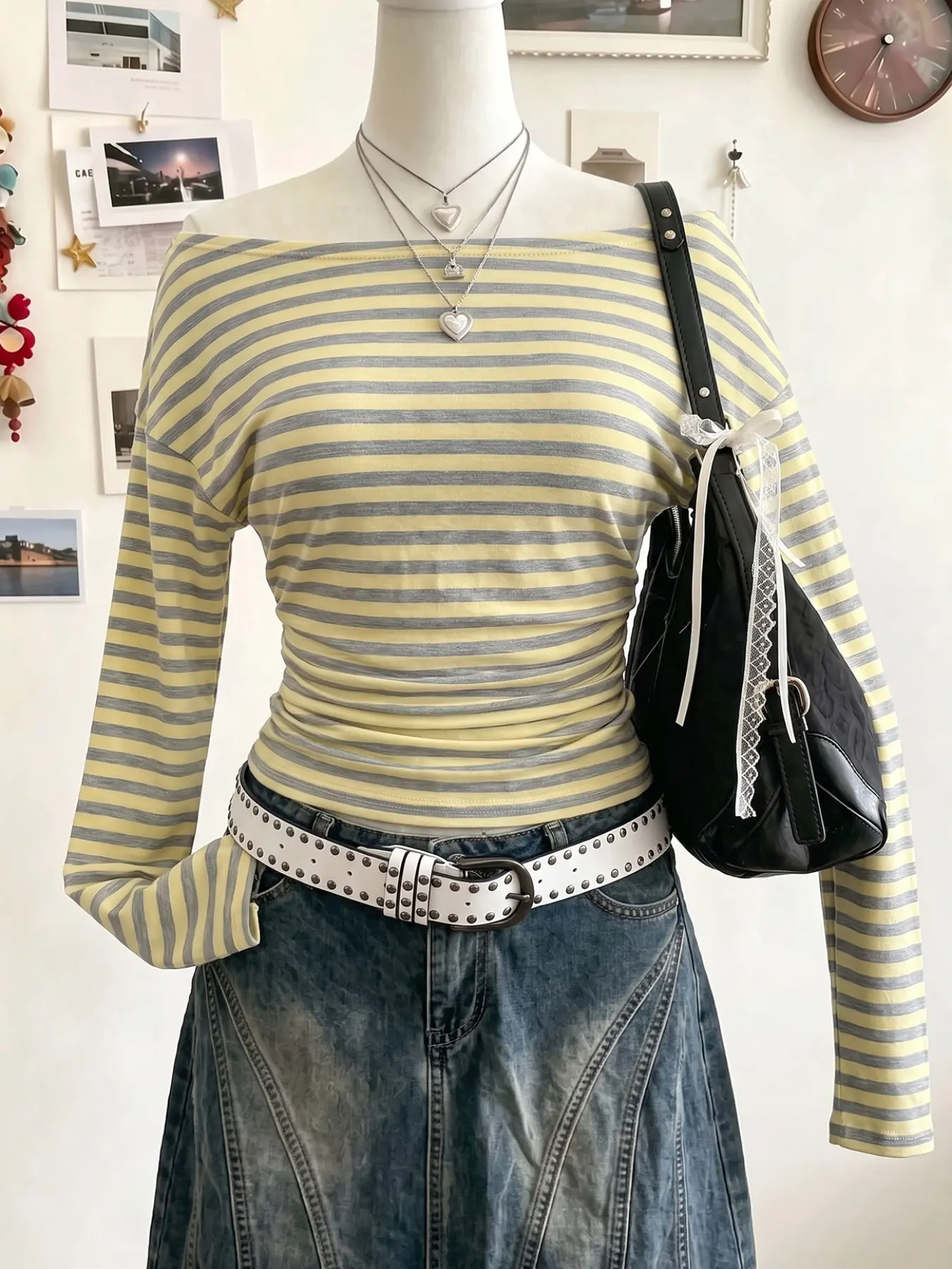 Off Shoulder Yellow Grey Striped Long Sleeve Top, Side Ruched Slim Fit Stripe Tee, Y2K Slash Neck Casual Blouse