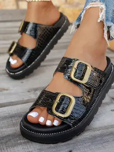 European and American Style Glossy Crocodile Pattern Sandals, Adjustable Buckle Dual Strap, Streetwear Slip-On Shoes