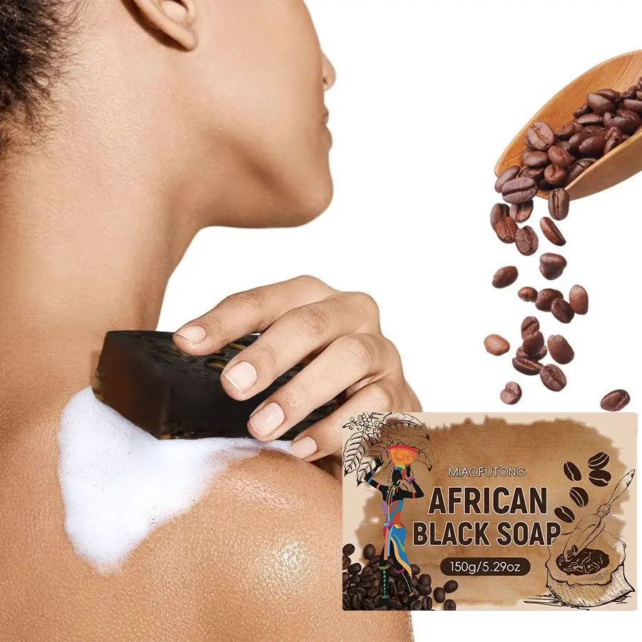 Natural African Black Soap Bar, Gentle Cleansing Soap with Coffee Extract, Repair Troubled Skin, Multi-purpose Body Facial Cleansing Soap for Acne & Dry Skin Care