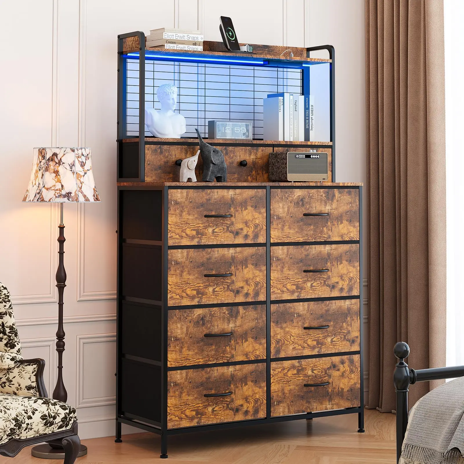 Smart 11-Drawer Fabric Dresser, Built-In Wireless Charging Station, App-Controlled RGB LED Lights, Industrial Anti-Tipping Storage Cabinet, Rustic Brown