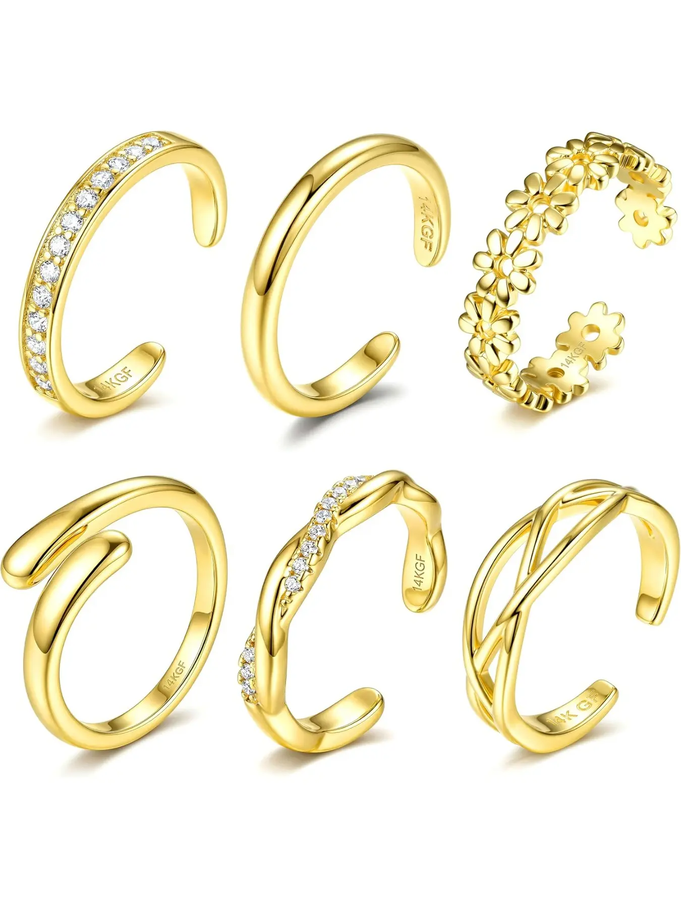 Toe Rings for Women - 14K Gold Filled Toe Rings Non Tarnish Dainty Adjustable Open CZ Toe Ring Set Silver Plated Summer Beach Foot Jewelry