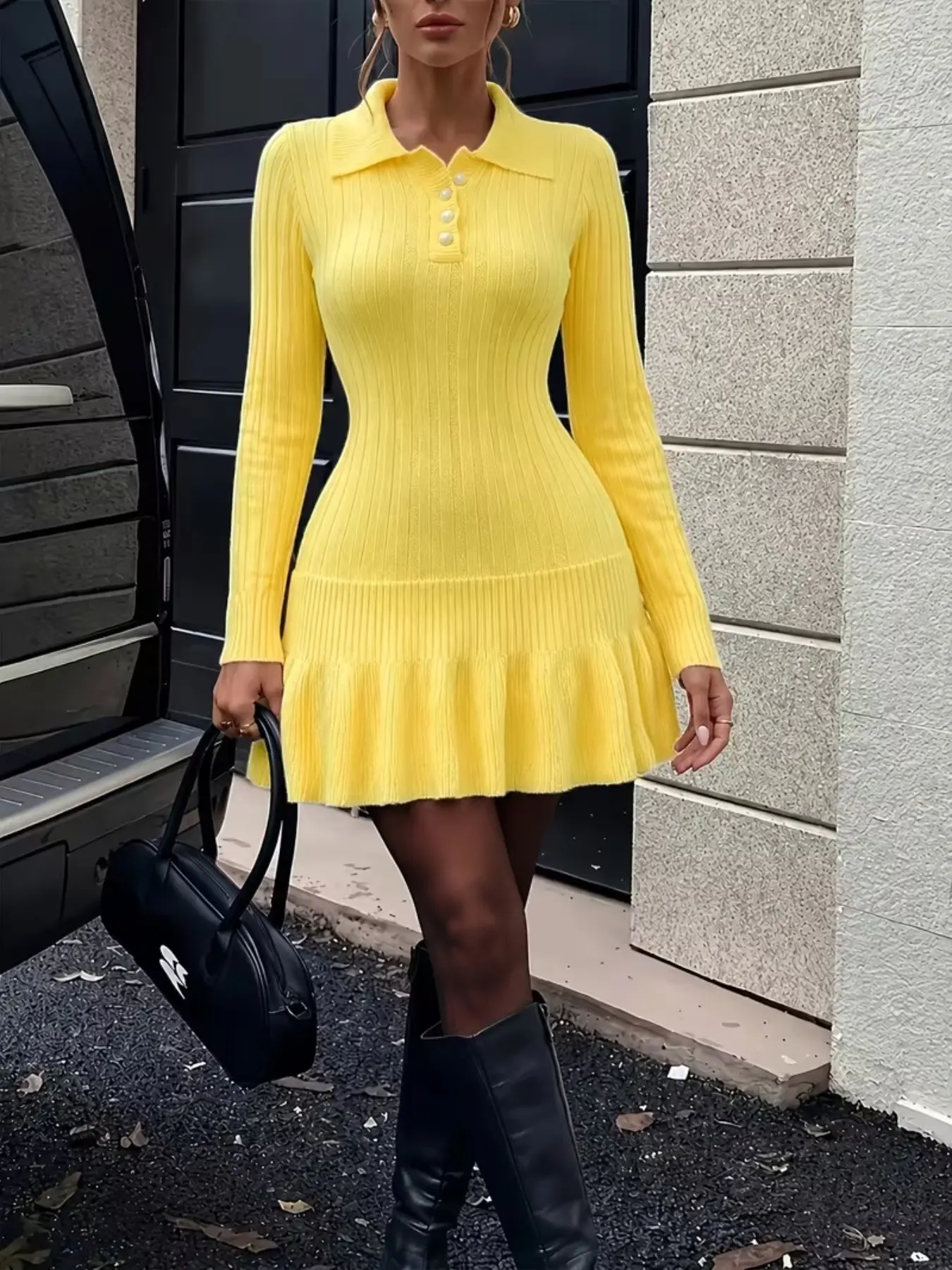 Autumn Winter Knitted Polo Neck Sweater Dress, Long Sleeve Ruched Slim Fit Short Dress, Elegant Plain Surface Design