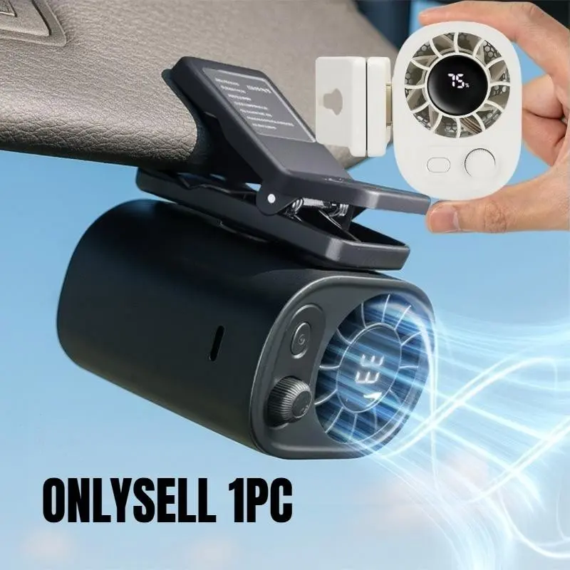 Car Clip-On Portable USB Rechargeable Fan with LED Display, 360° Rotation, 100-Speed Adjustable Wind Fan, Button Control