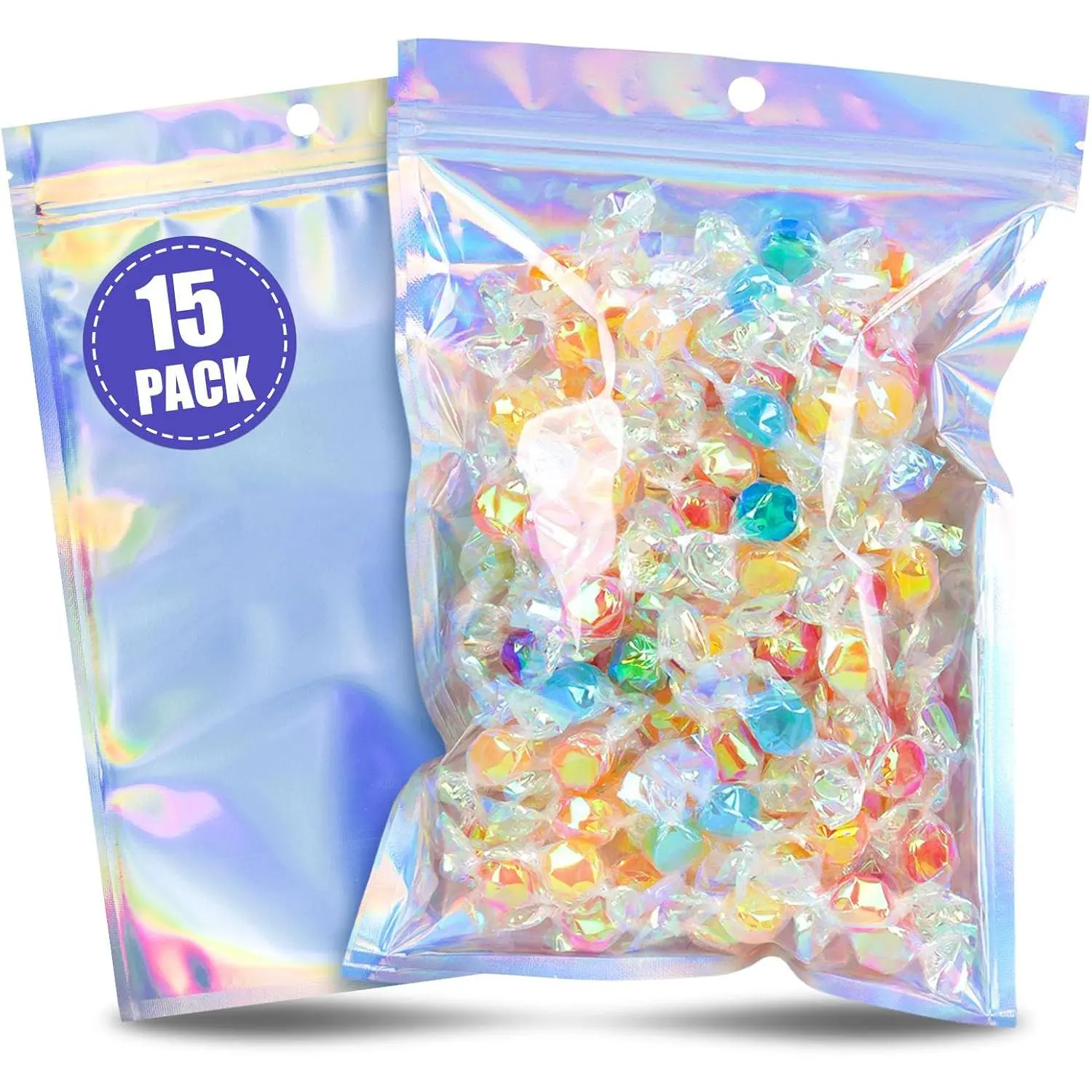 15 count Holographic Mylar Bags, Resealable Bags Smell Proof Iridescent Freshie for Party Favor  Storage 6 x 9 Inch