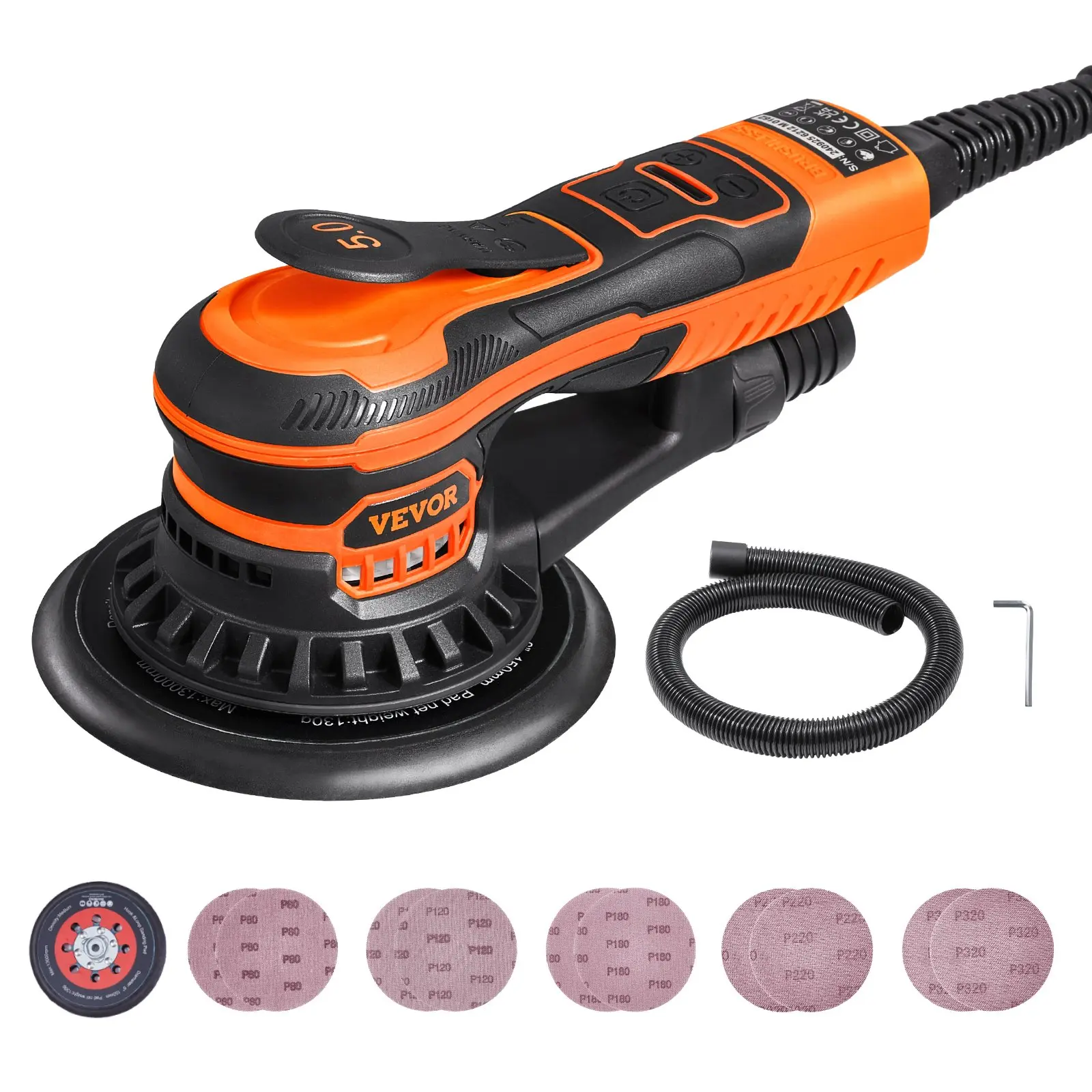 【DealsForYouDays】VEVOR Random Orbital Sander 6-Inch, 350W Brushless Orbital Sander, 10, 000 PRM 6 Variable Speed Electric Palm Sander with 10PCS Sandpapers, Dust Connector Hose for Woodworking Detailing Sanding
