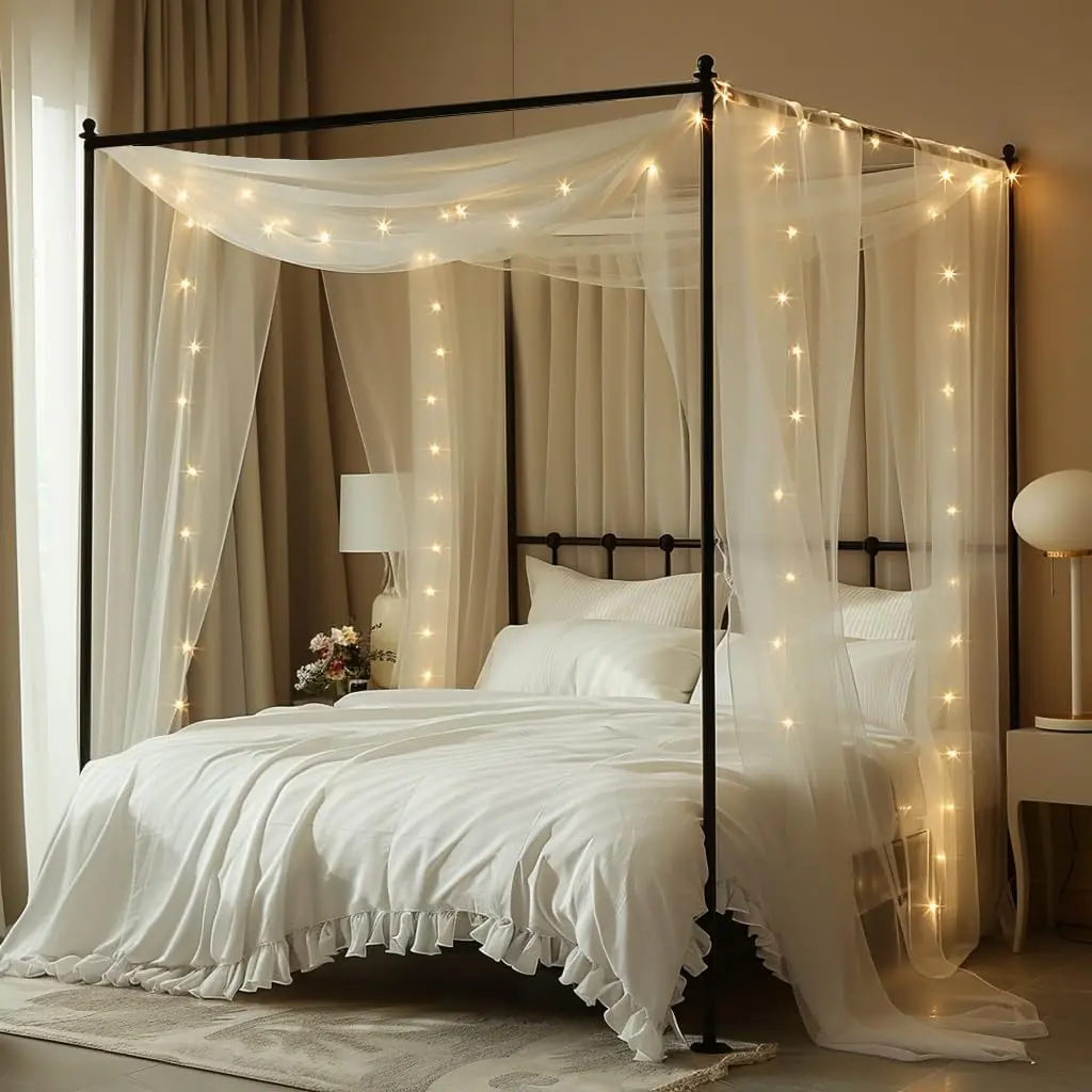 Bed for Girls with Lights 30 * 228in King Bed Curtains for Queen & Full Bed White Tulle Bed Scarf,Sheer Bed Drapes,Twin King Bed Home Decor (White)