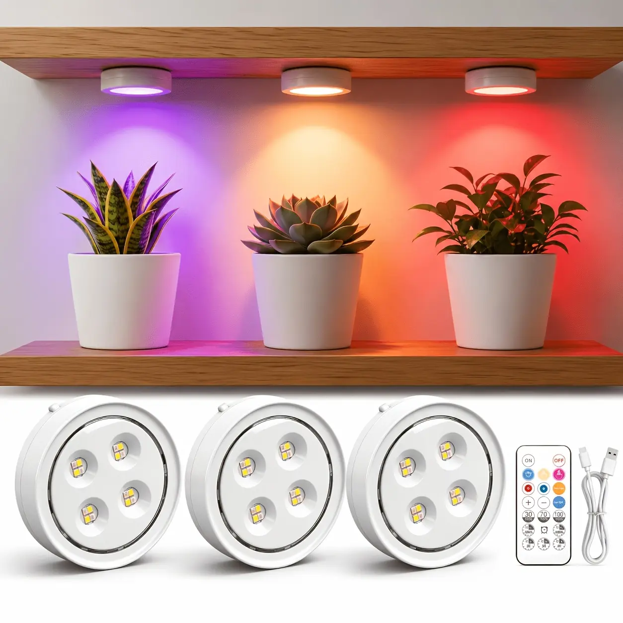 Rechargeable Indoor Plant Grow Light (Pack of 3/6) – Cordless Magnetic Grow Light with 6500K Full-Spectrum LED, Timer, Remote Control, and Stepless Dimming; Suitable for Plant Shelves
