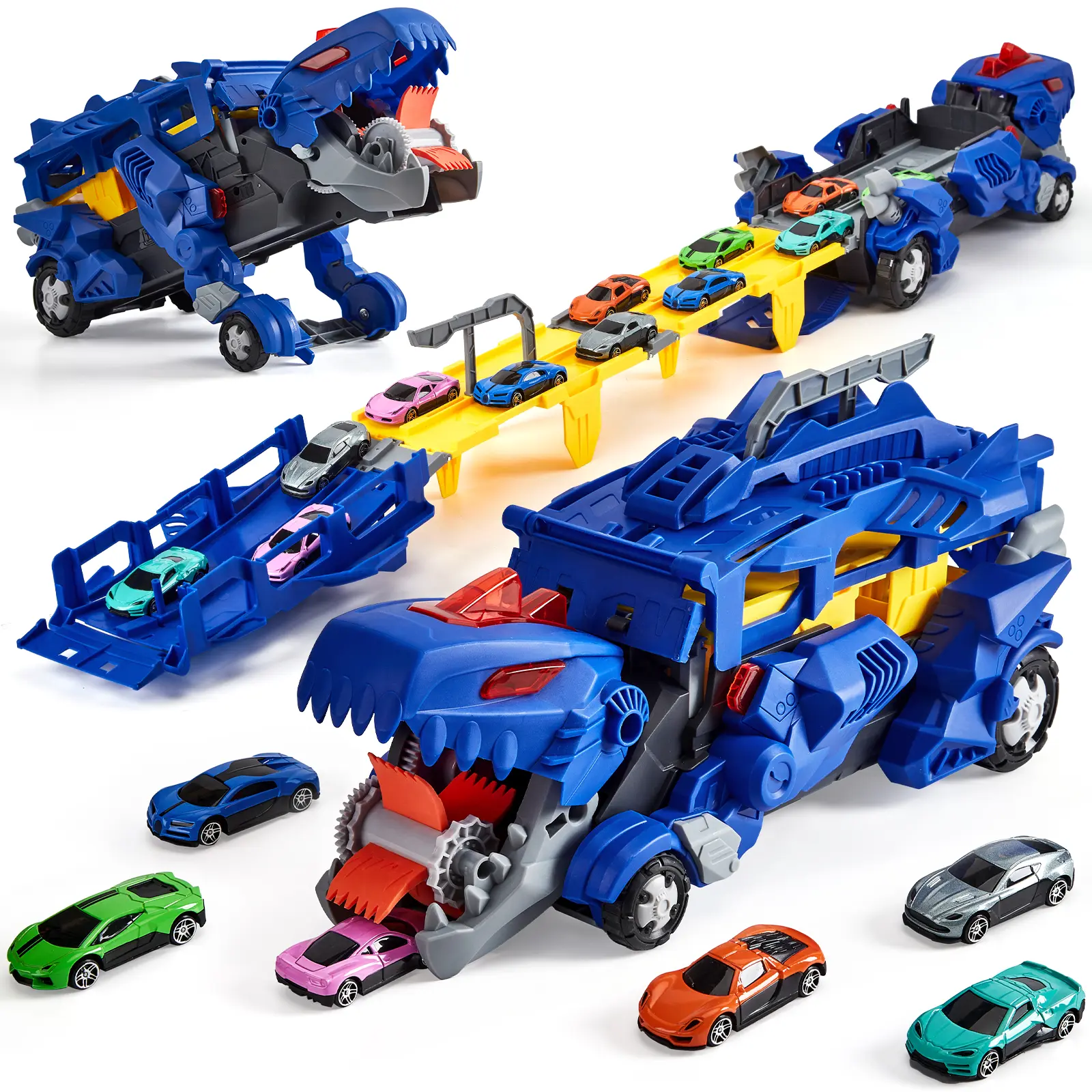 3-in-1 Dinosaur Carrier Truck Playset – 12 Dinosaur Cars – Collapsible 3-Layer Race Track – Storage Toy Truck for Kids Ages 3+, Boys & Girls – Blue