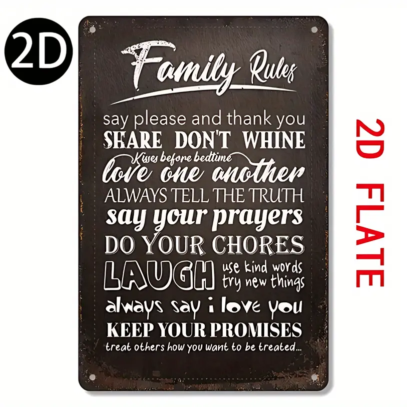 2D Flat - 1pc 2D Flat Vintage Family Rules Metal Sign | 7.9*11.9 Inches - Unframed, Iron Wall Art with Inspirational Quotes, Ready to Hang for Home Decor, Motivational Decor | Vintage Style Sign | Textured Surface, Metal Wall Art Decor