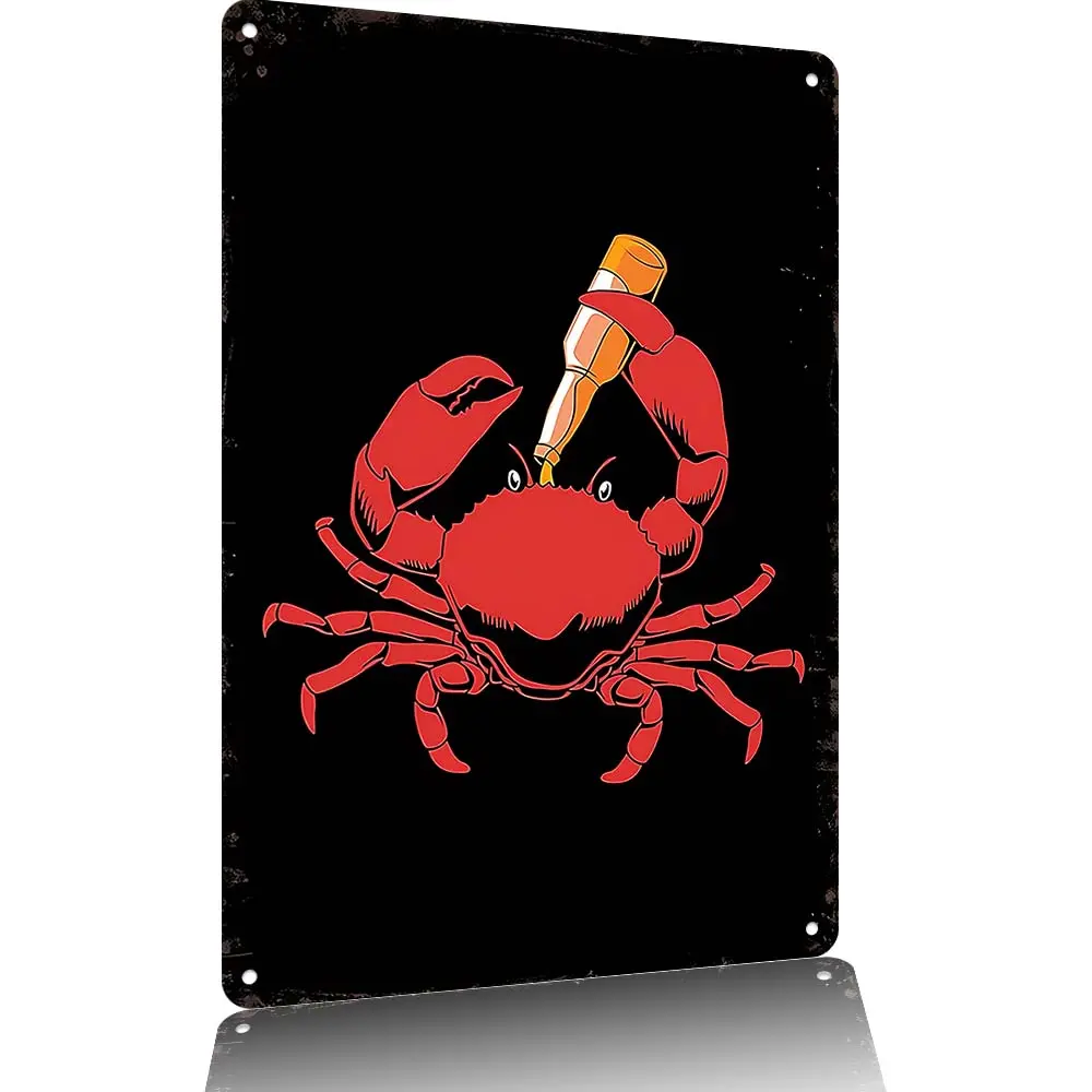 Classic Cartoon Crab Beer Themed Aluminum Wall Sign 12×8in, Nautical Coastal Decor Plaque for Seafood Restaurant Backyard Patio Home Bar Indoor Outdoor Wall Hanging Decoration