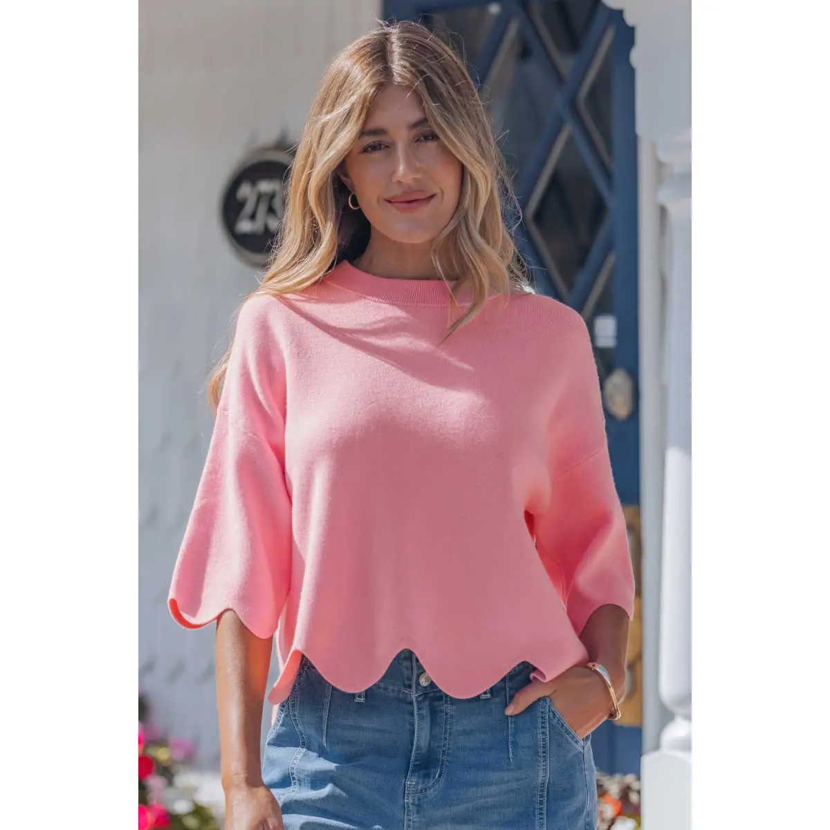 Pink Scalloped Hem 3/4 Sleeve Sweater Top