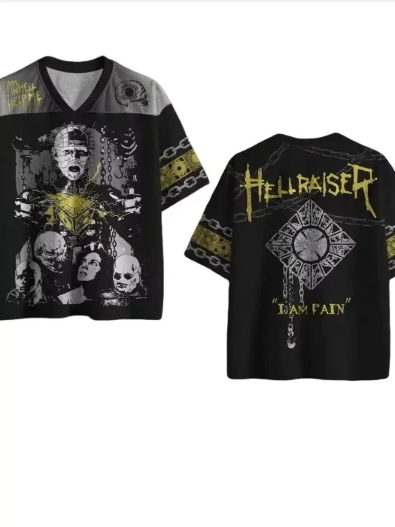 Hellraiser Retro V-Neck Short Sleeve T-Shirt, Chain Skull Horror Movie Print, Streetwear Casual Top, All Seasons Loose-Fit