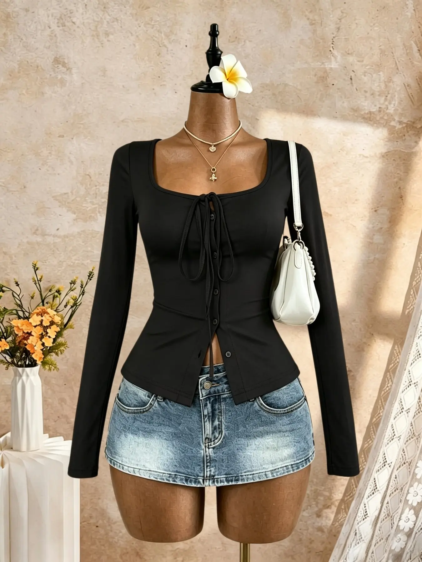 Women's Square Neck Tie Waist Long Sleeve Top, Solid Color Button Front Cardigan, Slim Fit Skinny Base T-Shirt, Fashionable and Comfortable
