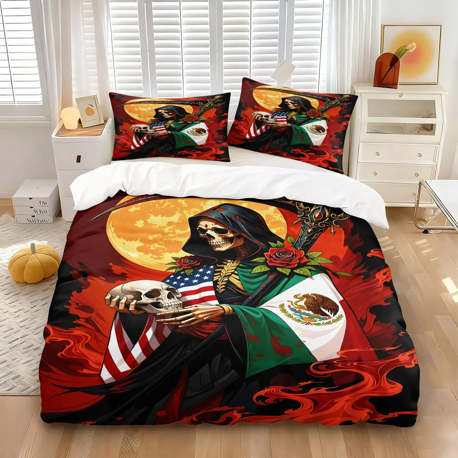 Mexican American Santa Muerte Duvet Cover Set, 1 Duvet Cover + 1-2 Pillowcases, Grim Reaper Skull Rose USA Mexico Flag Bedding Set, Soft Microfiber, Chicano Gothic Bedroom Decoration, Gift for Mexican American Culture Lovers
