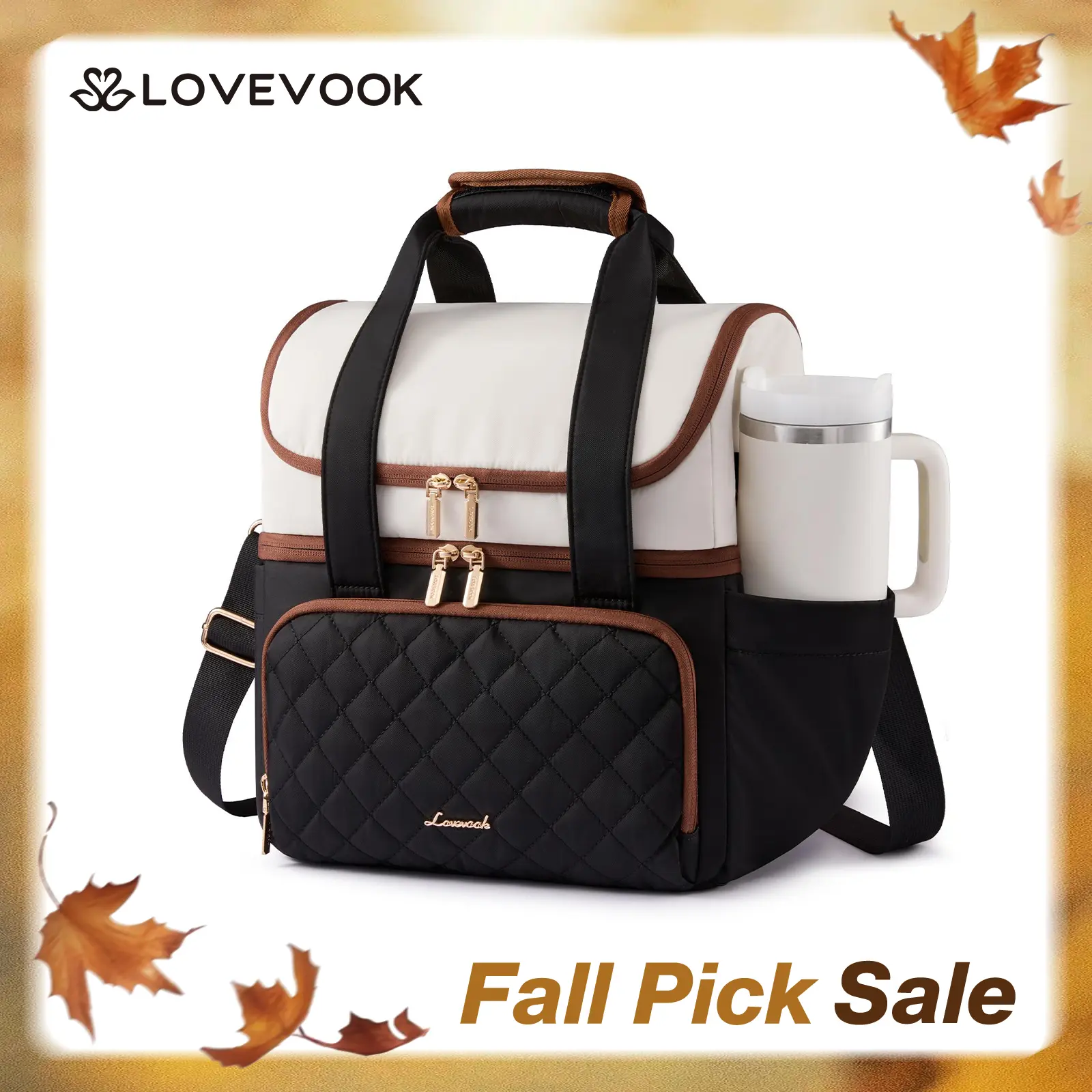 LOVEVOOK Insulated Lunch Bag For Women,Large Double Deck Adult Lunch Box,Teacher Lunch Tote Bag With Cup Holder,Leakproof Cooler Bag With Adjustable Shoulder Strap For Work Picnic Beach,Larger 15L outdoorfun