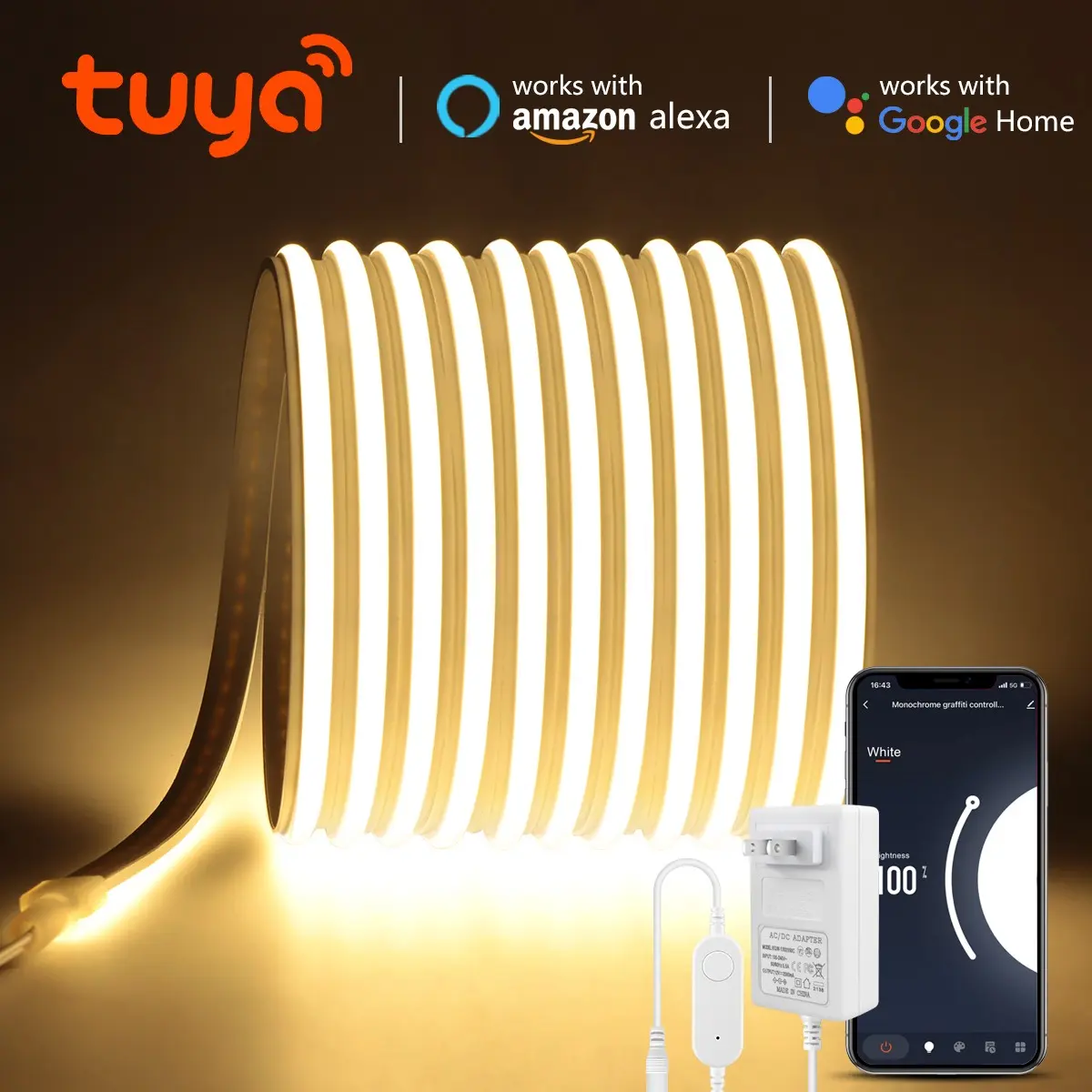 Tuya Smart WiFi COB LED Neon Strip DC24V 280LEDs/M US Plug Fireproof Waterproof Pure Silicone Tube,  App Schedule & Alexa Google Voice Control for Indoor Home Hotel Restaurant Decor, Wide Usage