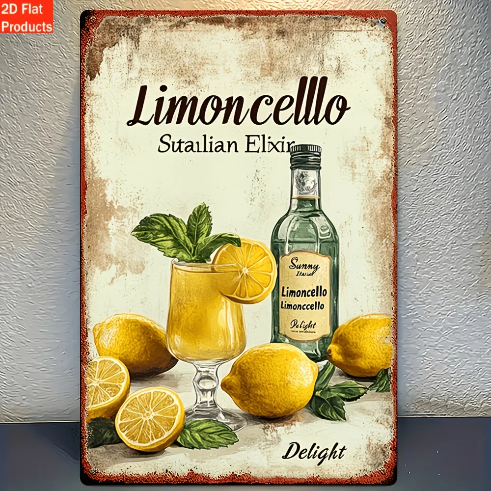 Vintage Limoncello Italian Elixir Iron Wall Plaque - Rustic Lemon Mint Drink Print Home Decor Sign for Bar, Kitchen, Signs