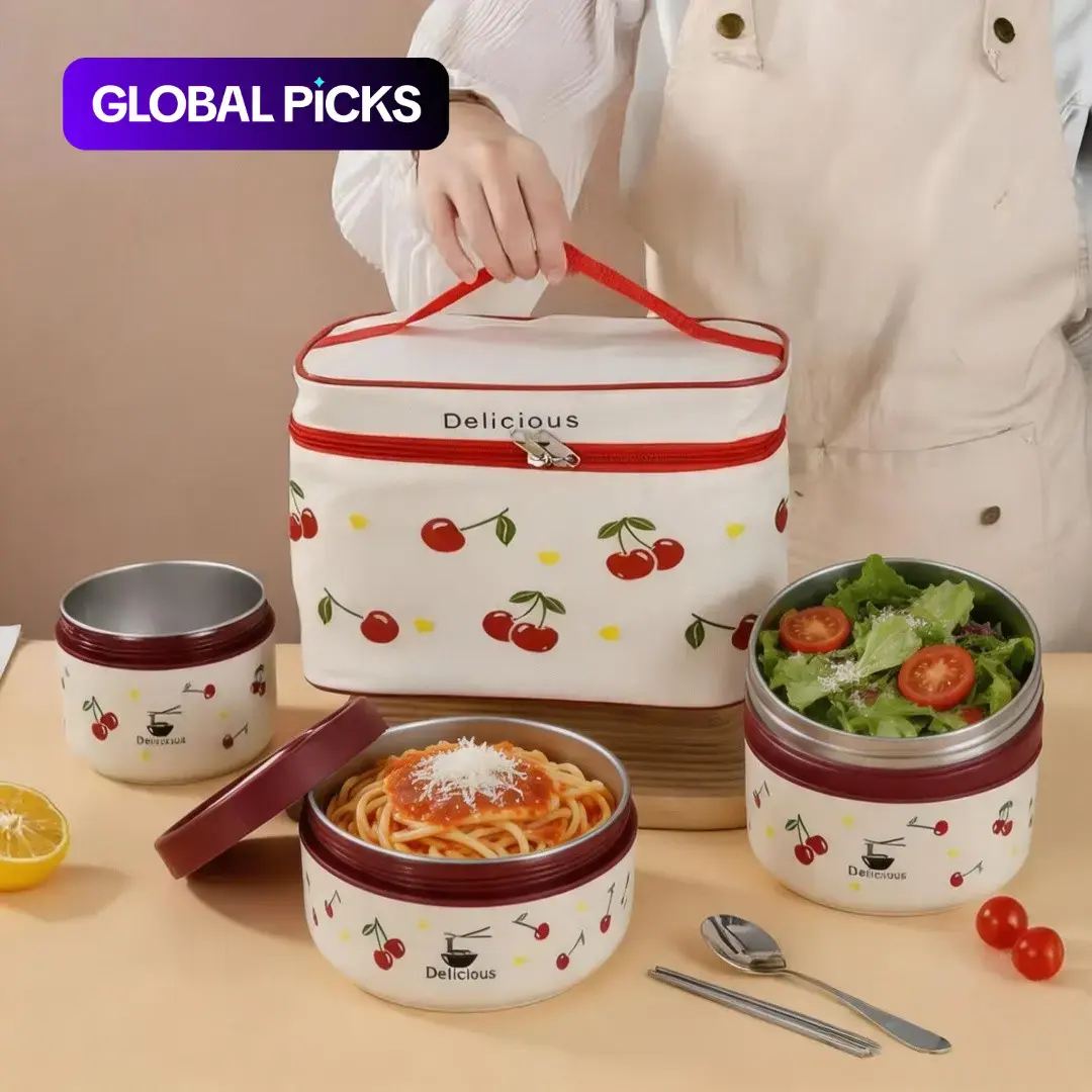 Insulated Reusable Lunch Box with Cherry Pattern, 3-4 Layer Divider, Insulated Bag Included, Ideal for Office, School, Dormitory, Takeout Meals #GLOBAL PICKS