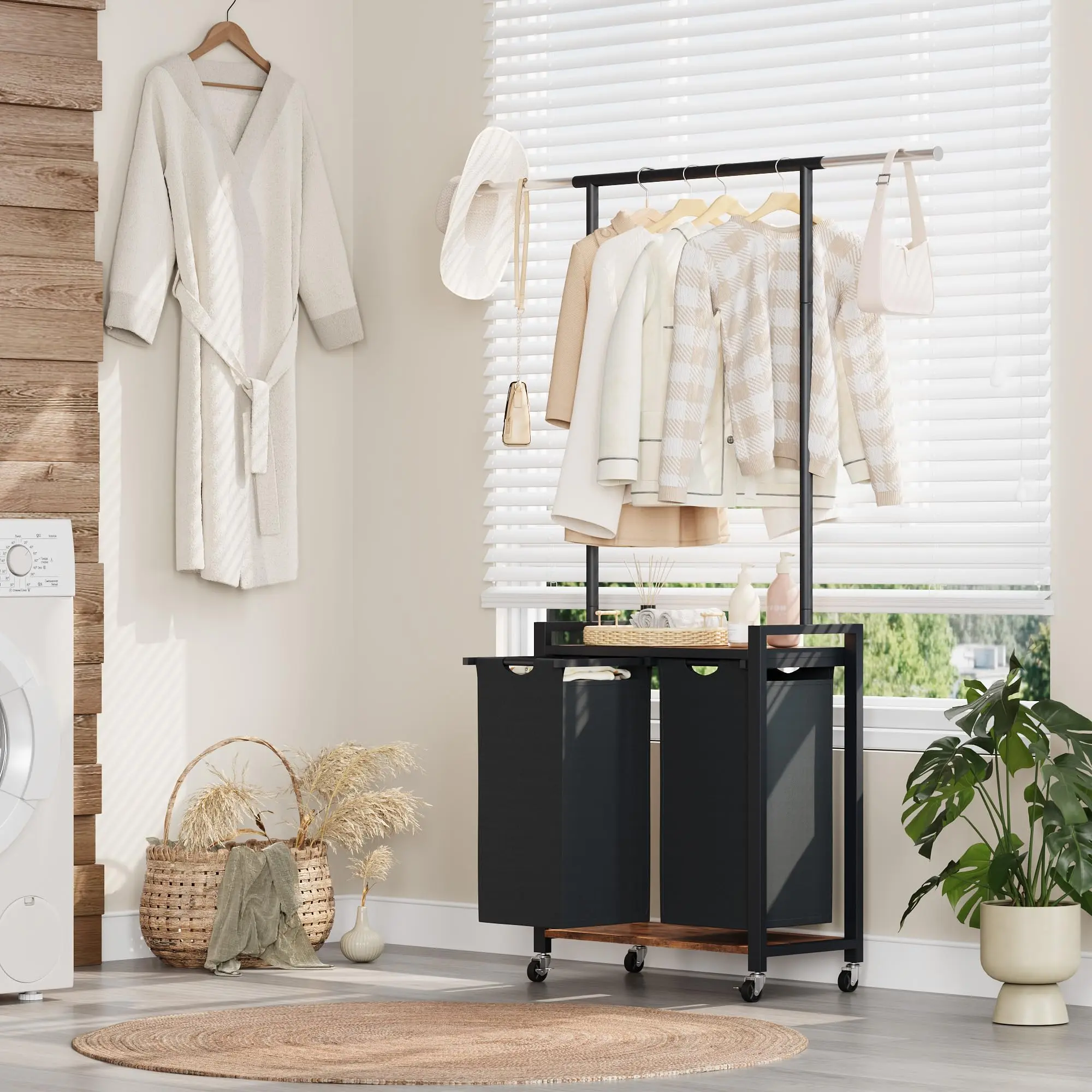 Rolling Clothes Rack, 2 Section Rolling Rack for Clothes, Laundry Cart with Hanging Rack, Bottom Dirty Sorter, Rolling Rack for Bedroom, Laundry Room, Cloakroom, Entrance, Dorm