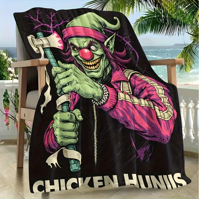 Scary Green Goblin Clown With Axe Flannel Throw Blanket, Dark Horror Cartoon Black Background Blanket