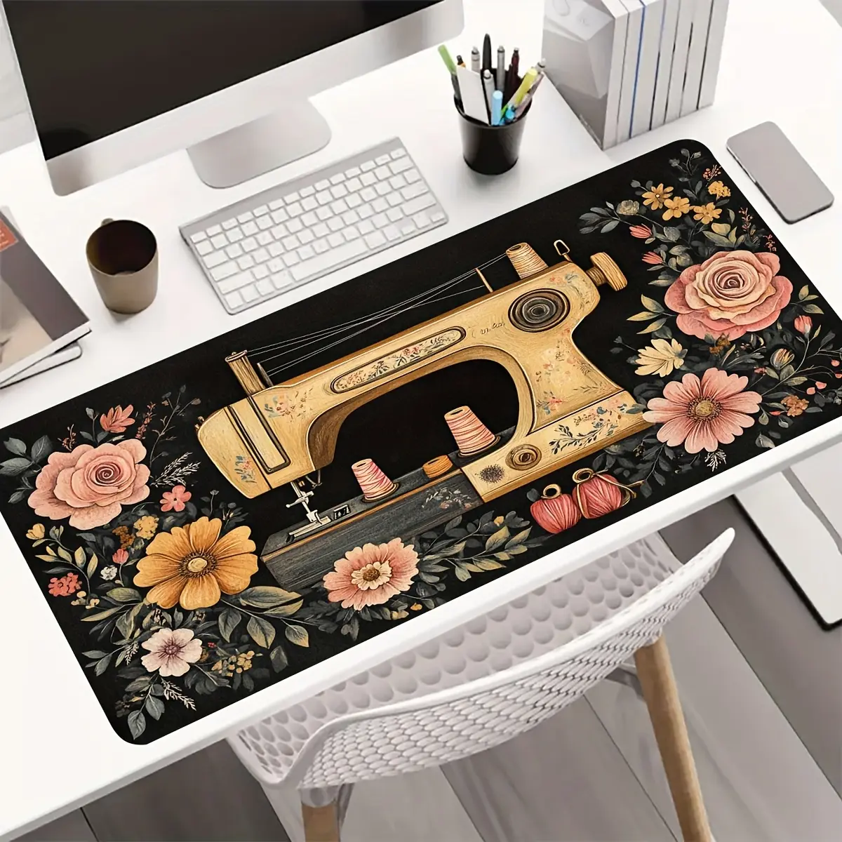 1 piece gaming mouse pad, non-slip, colorful floral and vintage sewing machine pattern design, washable keyboard desk mat, office desk accessory, ideal gift for gamers, office and study accessory